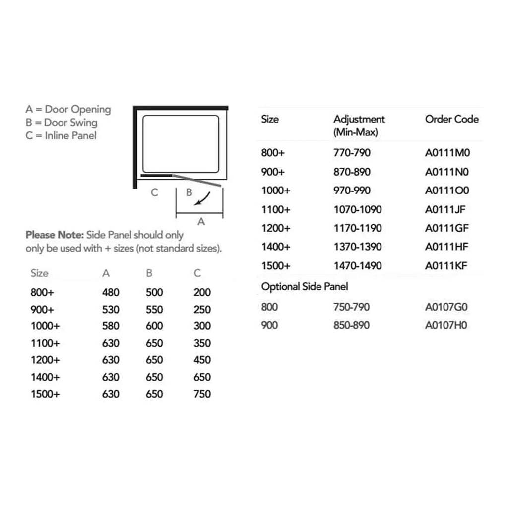 Precise shower enclosure diagram showing door opening, door swing, and inline panel options for custom bathroom design. Suitable for planning bathroom layout with specific size adjustments.