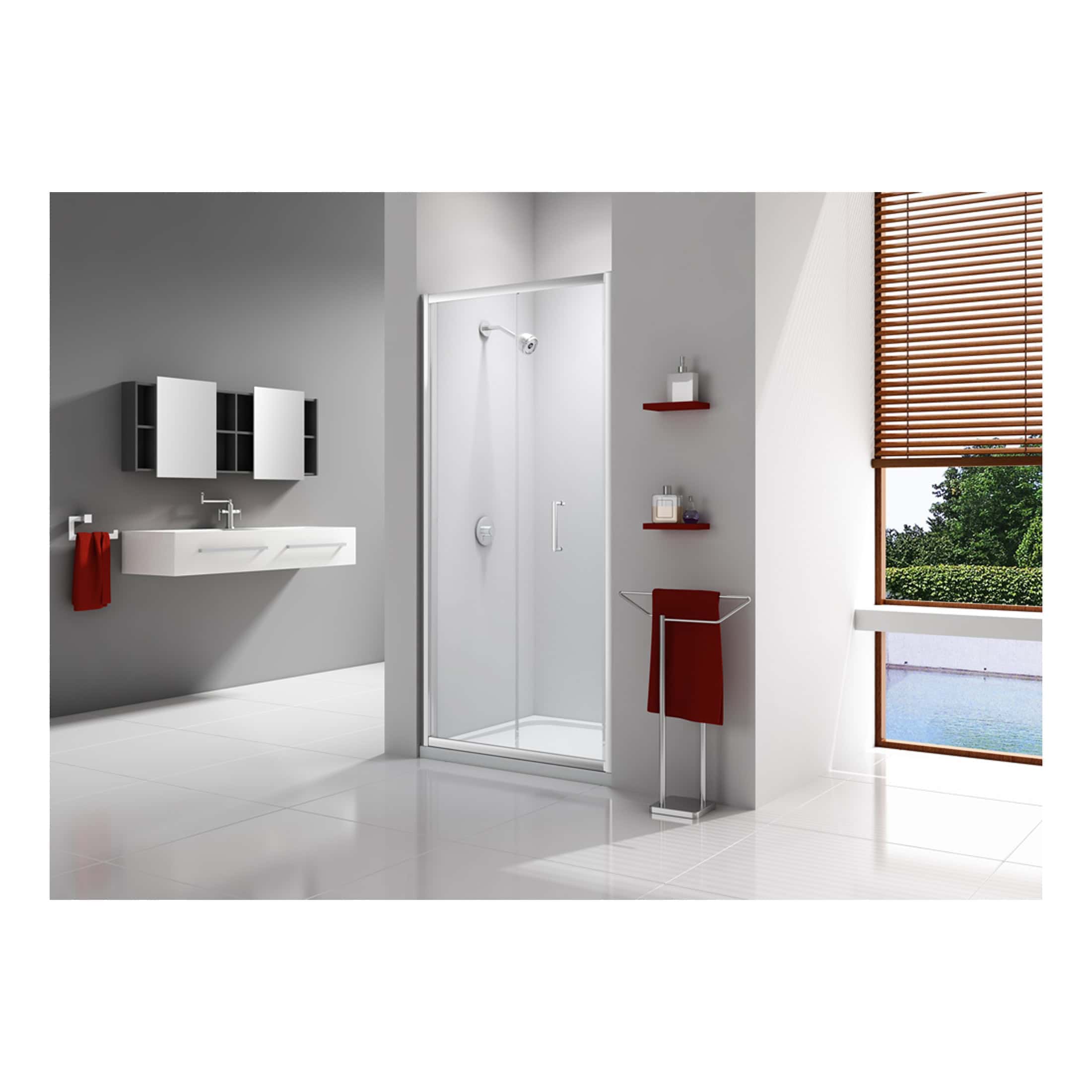 Modern white bathroom with walk-in shower, wall-mounted sink, red accents, and wooden window blinds, designed by Bubly Bathrooms in a sleek, contemporary style.