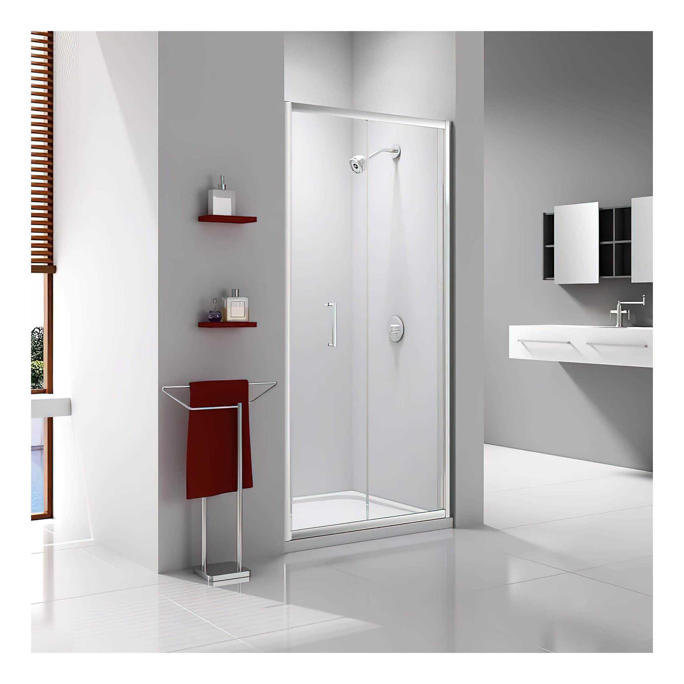 Contemporary walk-in shower enclosure in a modern minimalist bathroom with sleek grey and white design accents, featuring clean lines and stylish fixtures.