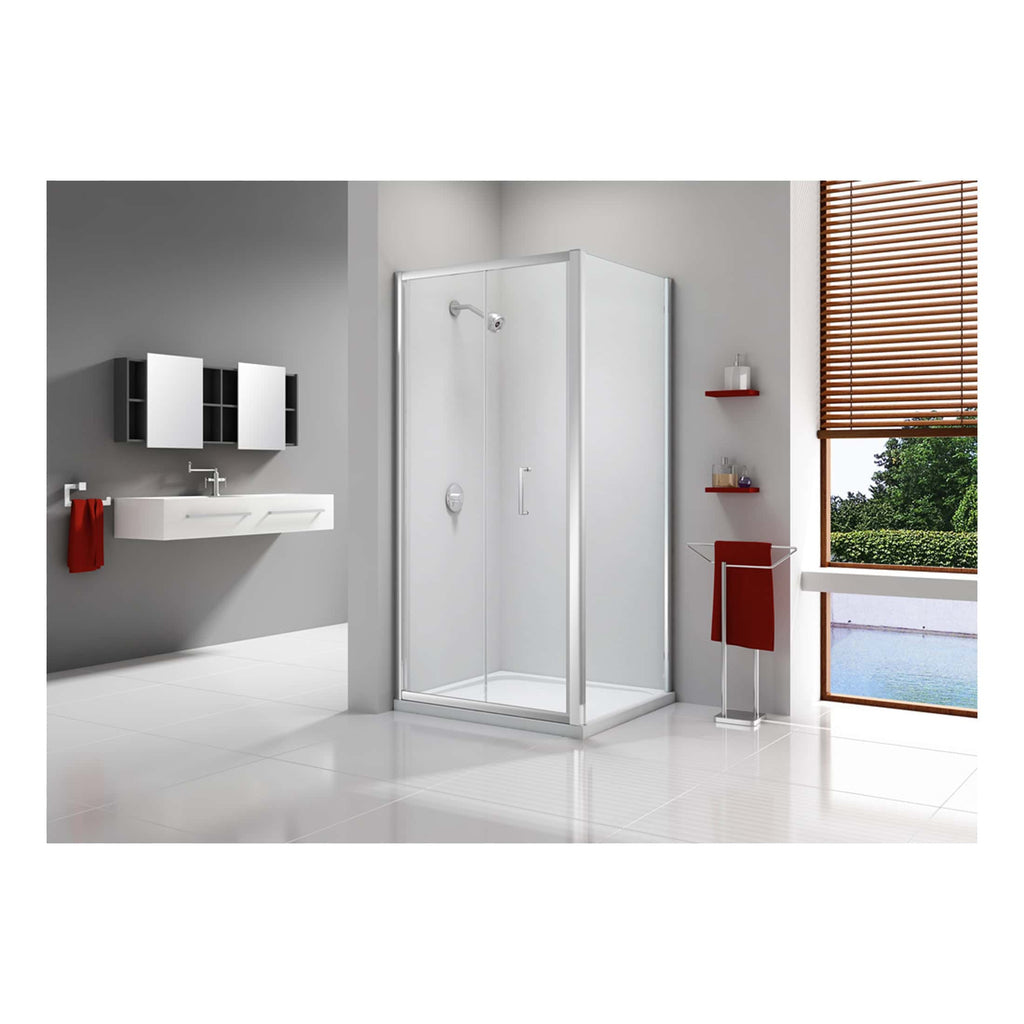 Modern white corner shower enclosure in a sleek bathroom with grey and white accents, wooden blinds, and contemporary fixtures for a stylish and functional bathroom design.