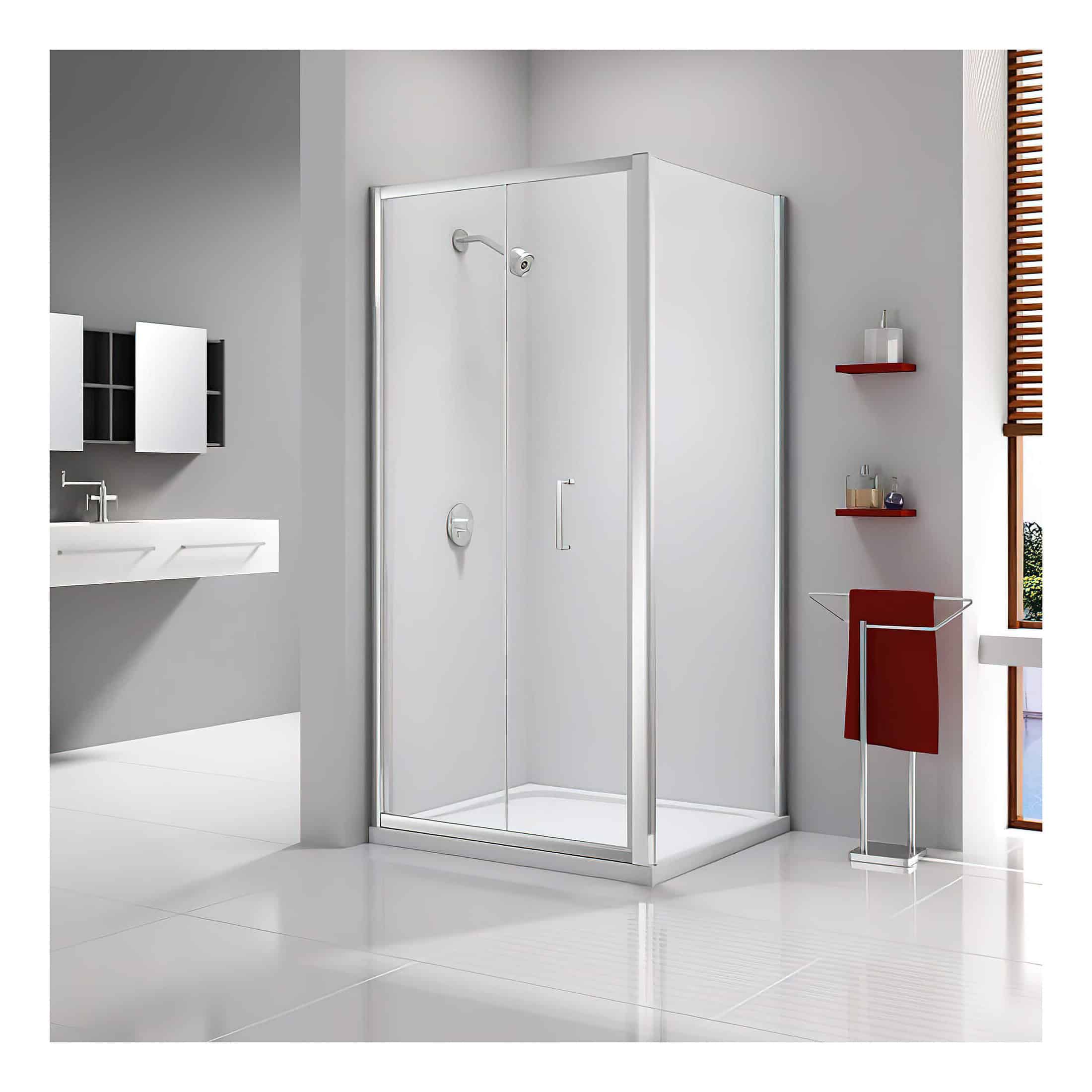 Sleek modern shower enclosure with clear glass doors and stainless steel trim in a contemporary bathroom setting. Perfect for stylish bathroom renovations and practical shower solutions.