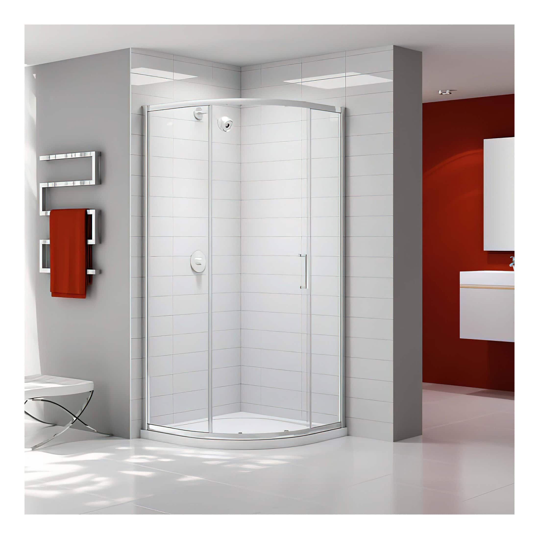 Sleek modern corner shower enclosure with clear glass panels and chrome fixtures in a contemporary bathroom setting. Perfect for stylish and space-efficient bathroom designs.