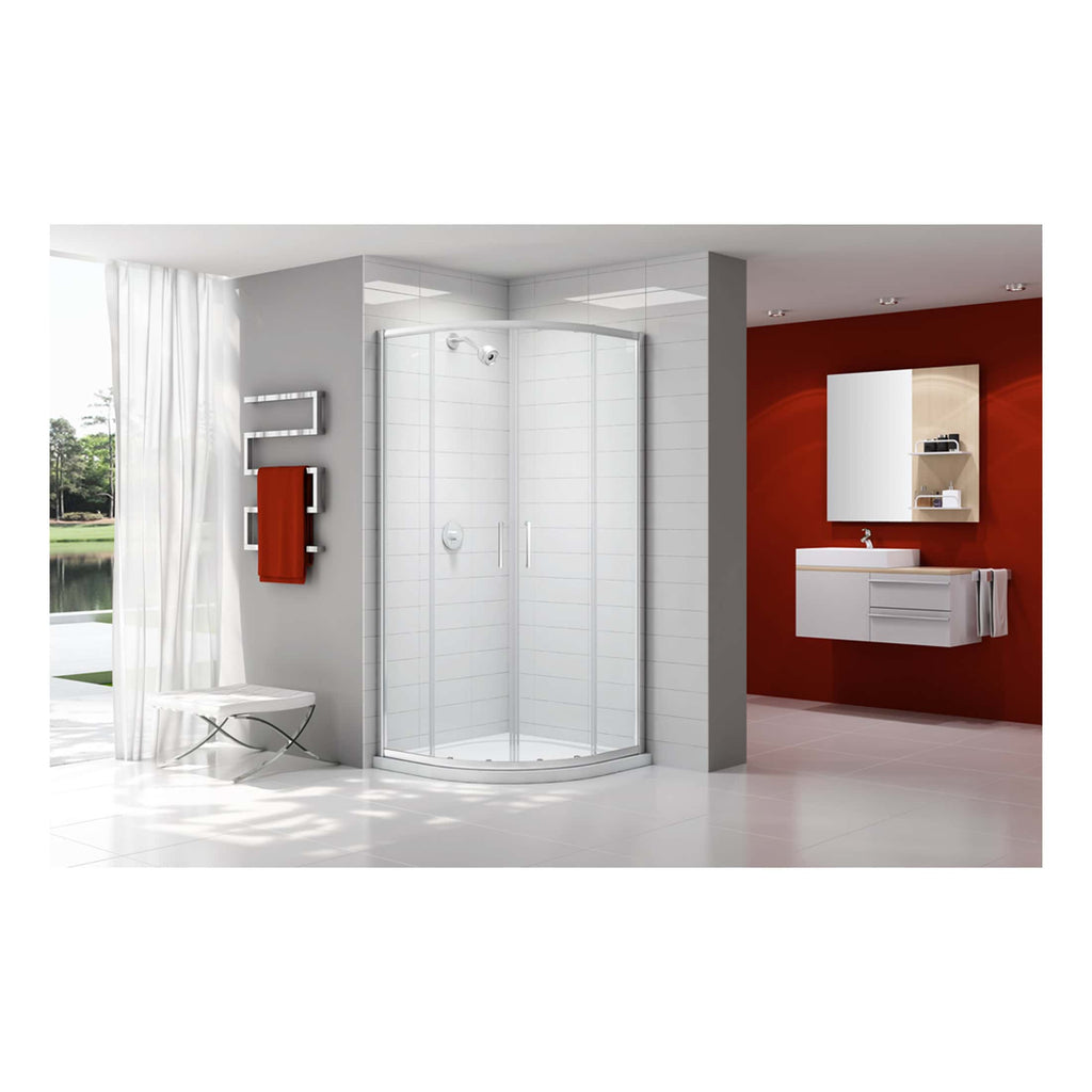 Contemporary white bathroom with corner shower enclosure, wall-mounted vanity with mirror, modern radiator, and large window with white curtains for natural light and elegant bathroom design.