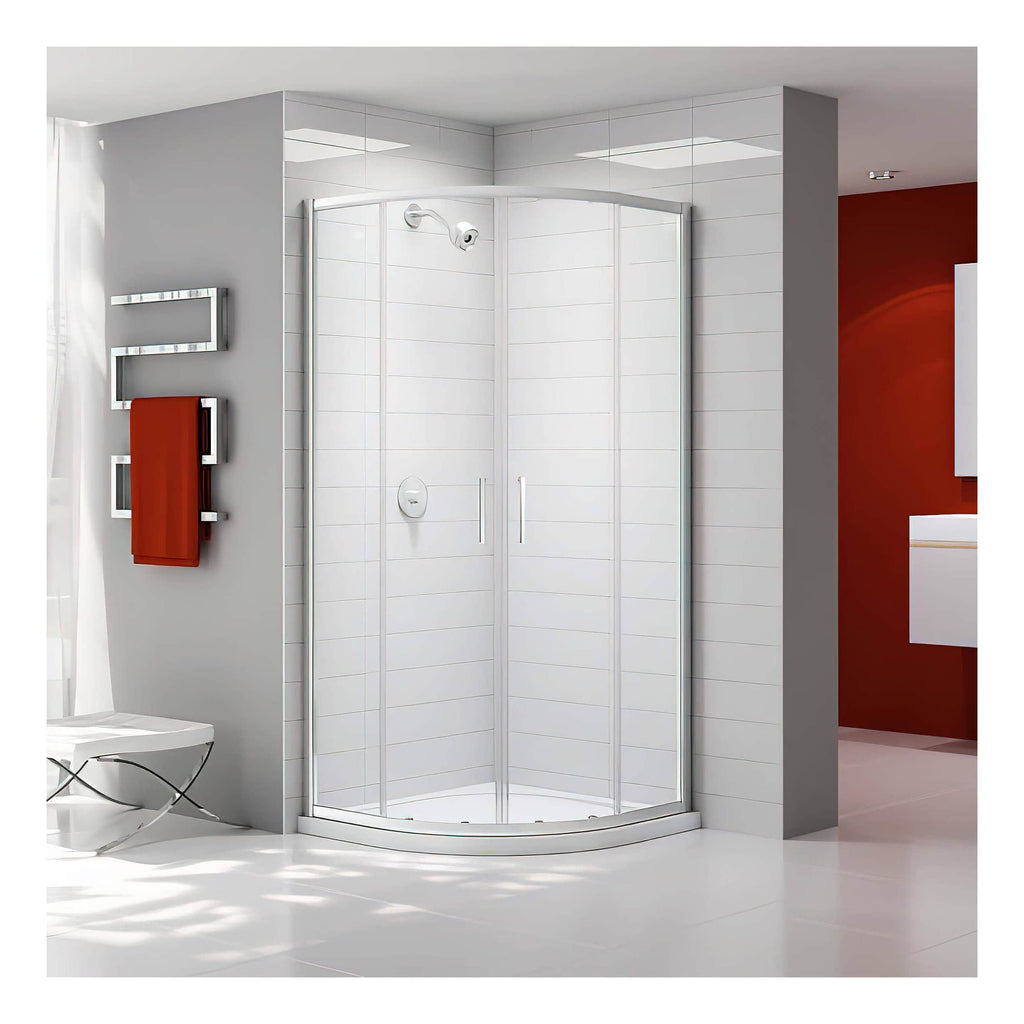Shower enclosure with curved glass doors, modern bathroom design, white tiled walls, and sleek fixtures in a contemporary bathroom setting.