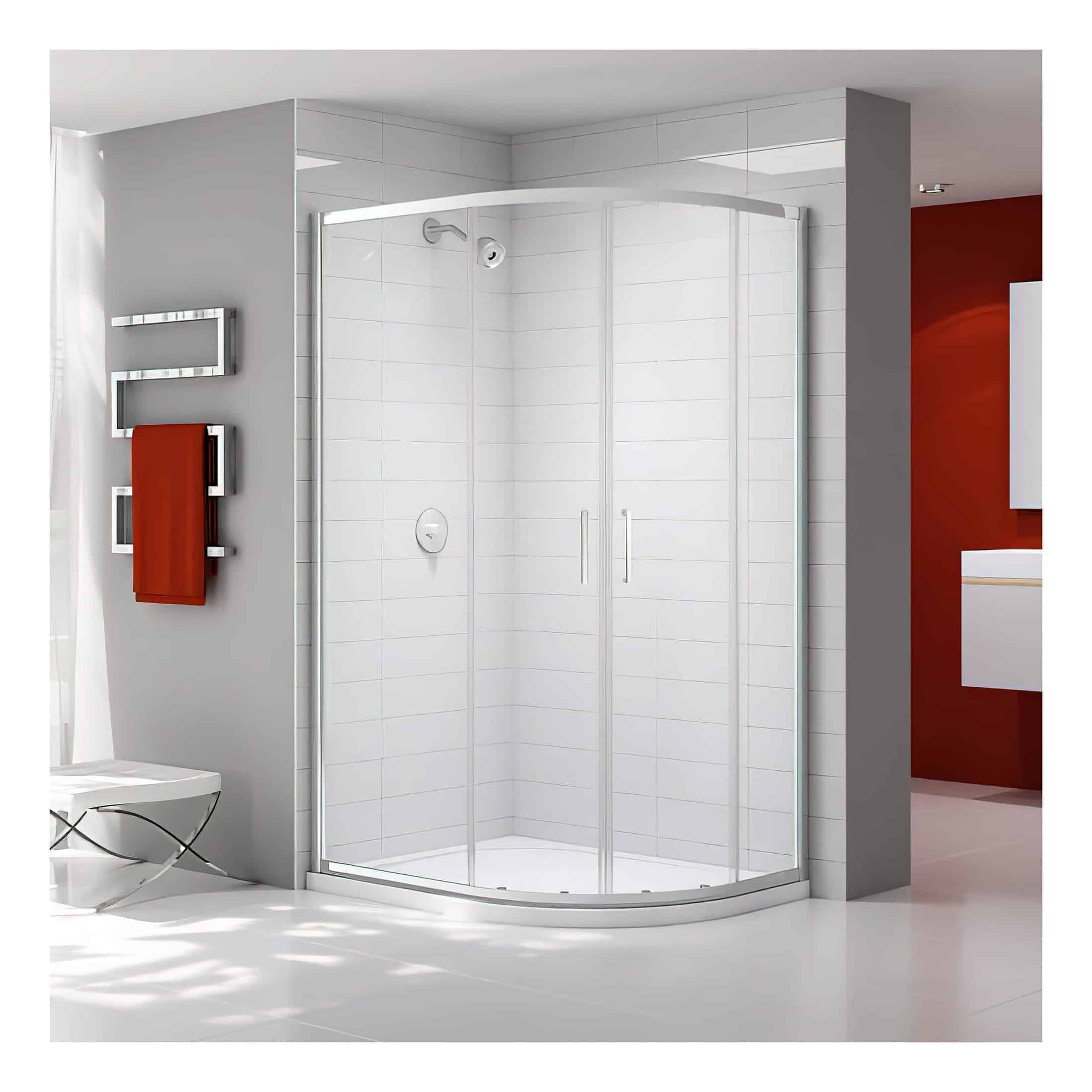Contemporary corner shower enclosure with transparent glass doors and sleek chrome handles, set in a modern bathroom with white tiled walls and minimalist design.