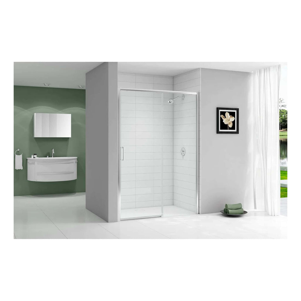 Modern white bathroom shower enclosure with glass doors and sleek interior design, featuring a minimalistic bathroom vanity and a green accent wall. Perfect for contemporary bathroom spaces.