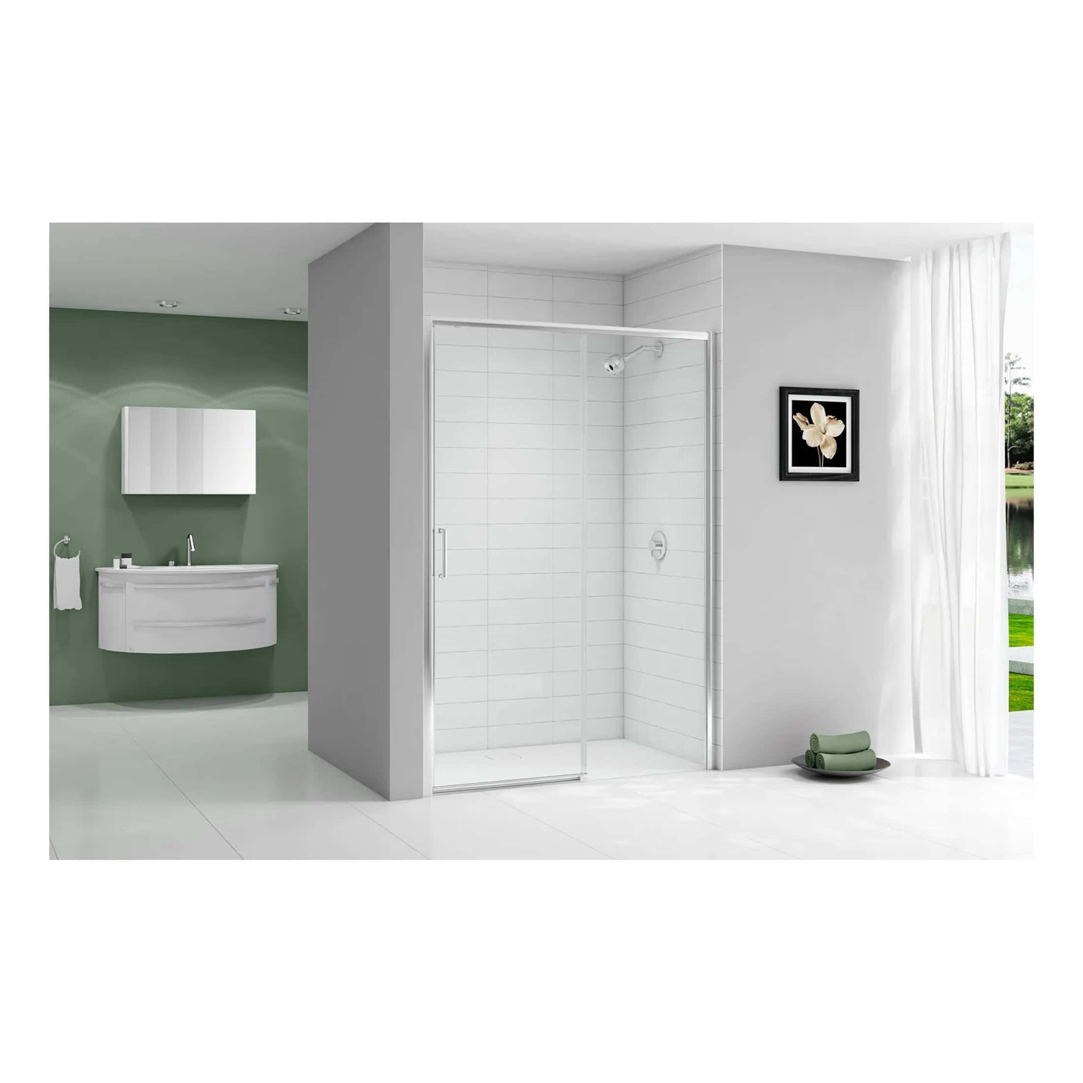 Modern white bathroom shower enclosure with glass doors and sleek interior design, featuring a minimalistic bathroom vanity and a green accent wall. Perfect for contemporary bathroom spaces.