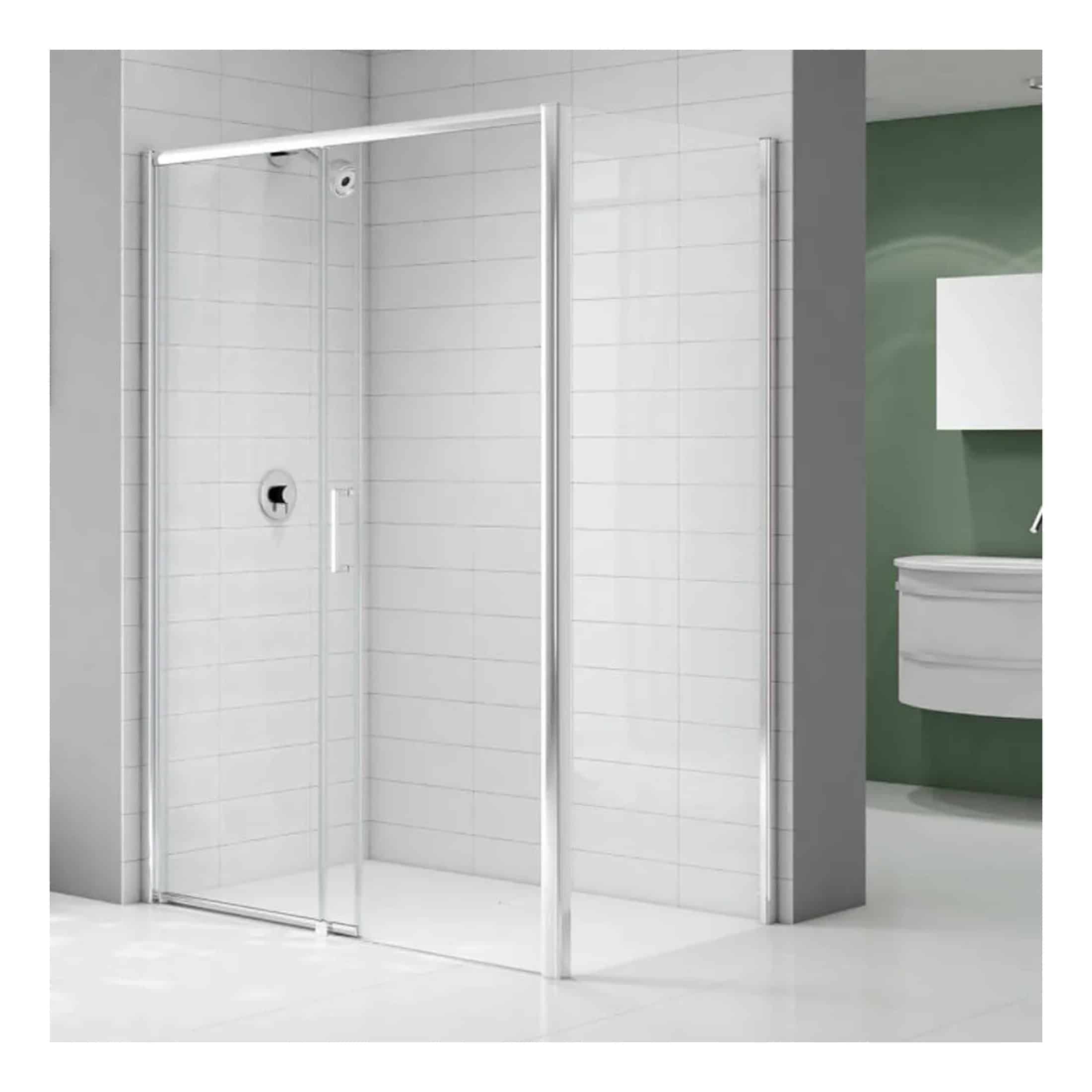 Shower enclosure with glass doors and chrome frame in modern bathroom setting.