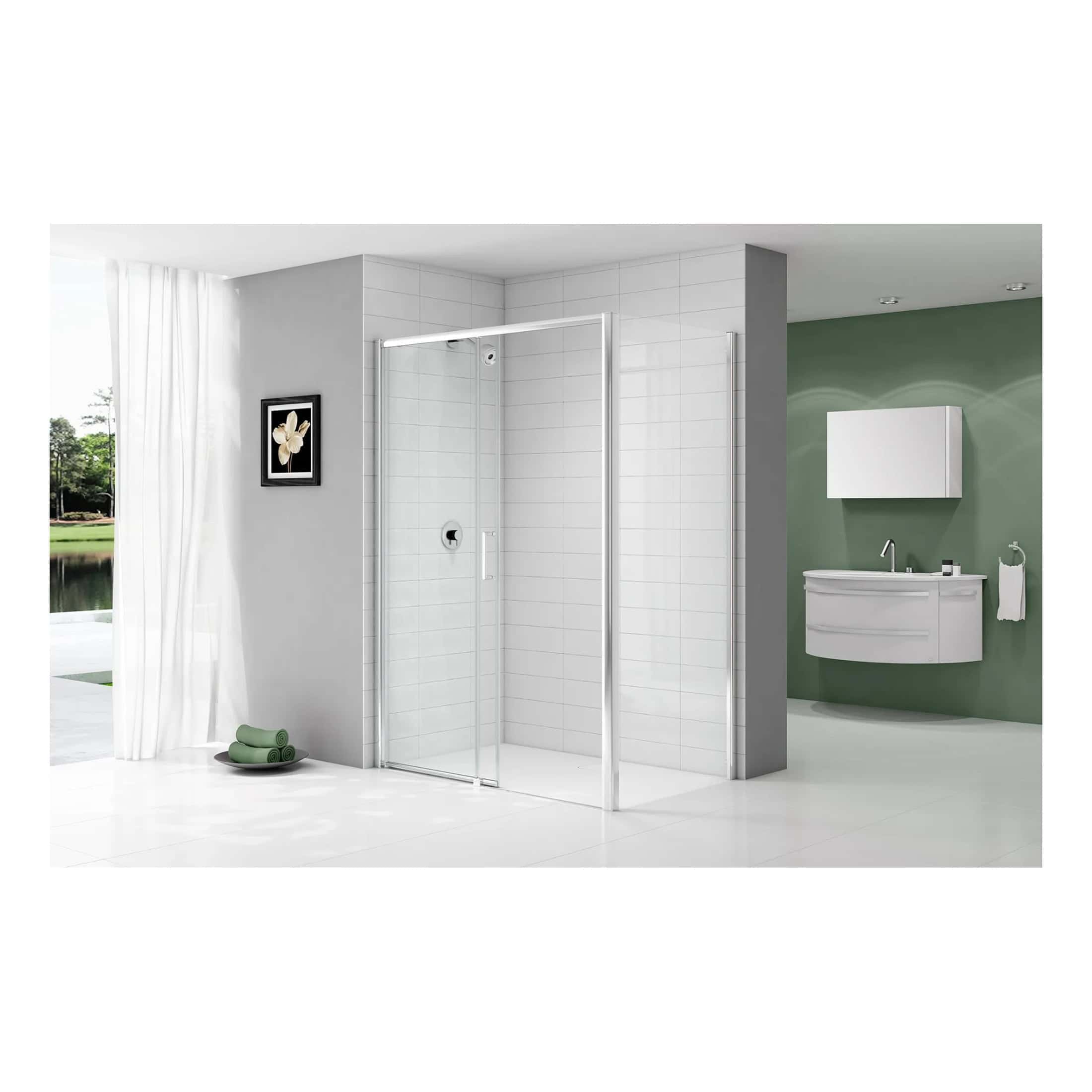 Modern walk-in shower enclosure with white tiled walls and a sleek glass door, complemented by a contemporary floating bathroom vanity with mirror cabinet, in a bright, minimalistic bathroom interior.