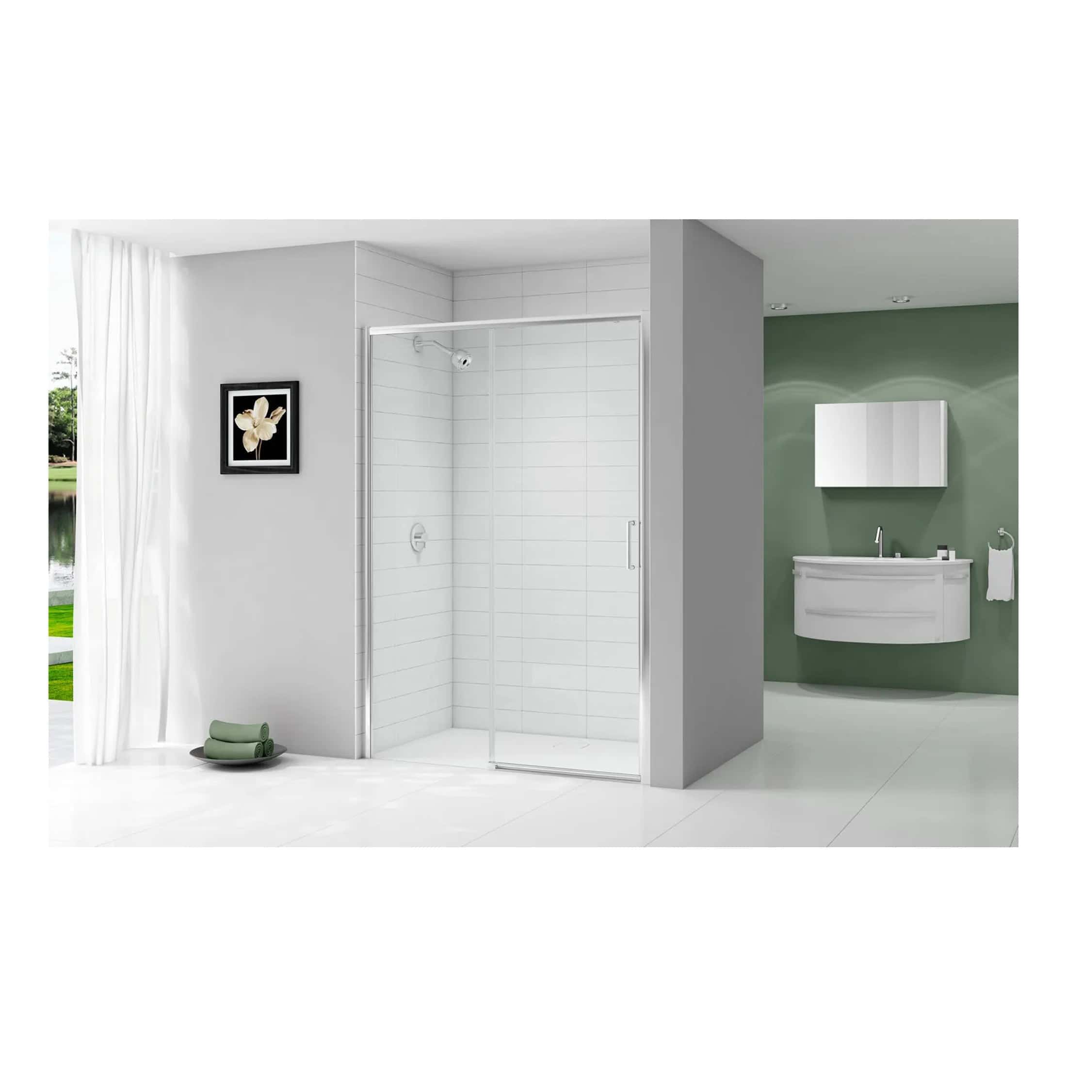 Modern walk-in shower with clear glass panels and white tiled walls, situated in a contemporary bathroom with minimalist decor and neutral colour palette.