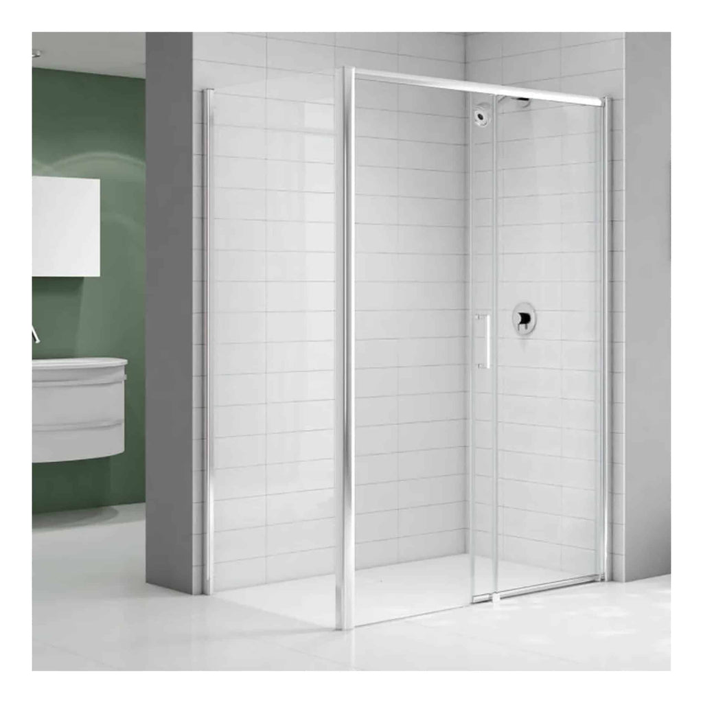 Sleek glass shower enclosure with chrome frame in modern white bathroom setting, ideal for contemporary bathroom upgrades and stylish shower spaces.