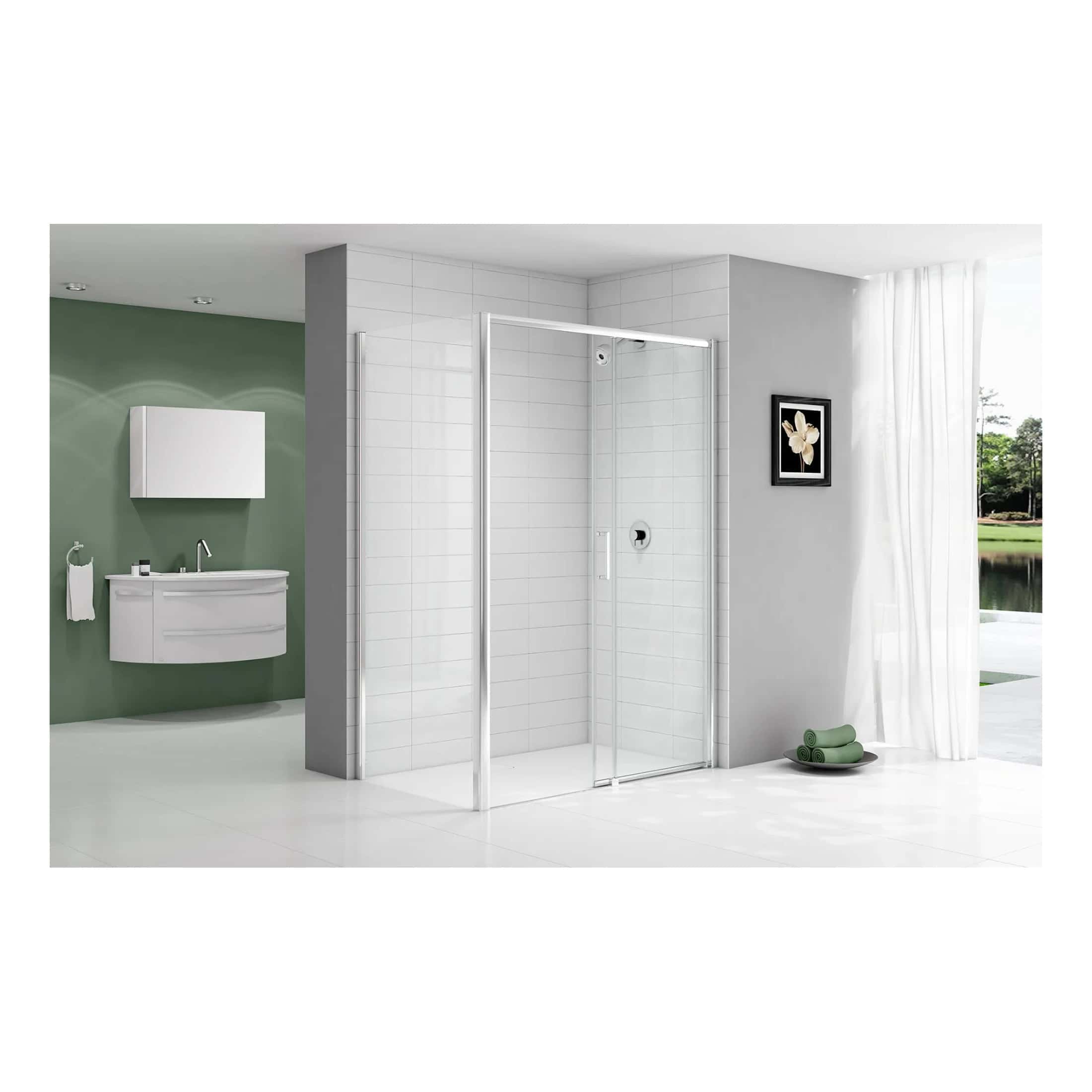 Light grey glass shower enclosure with chrome frame in modern bathroom setting. Featuring white tiled walls, minimalistic vanity, and large window with scenic outdoor view, designed for contemporary bathroom interiors.