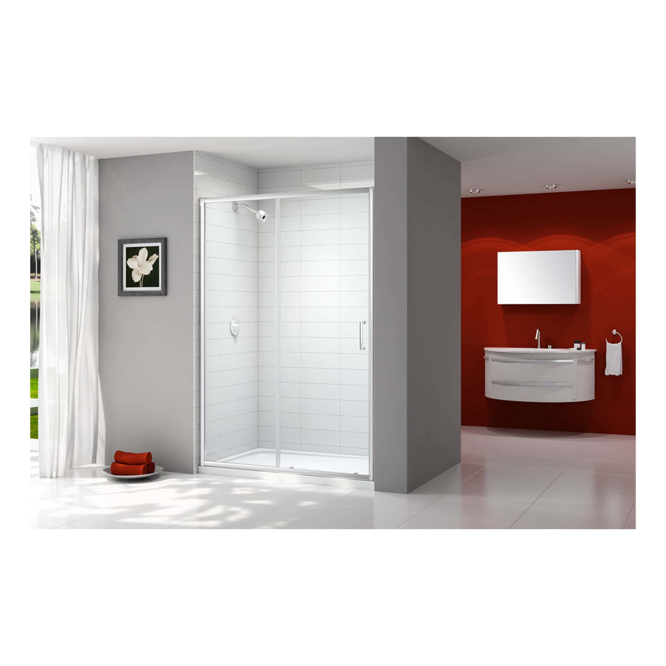 Modern minimalist bathroom with walk-in shower, white tiles, and sleek vanity unit with mirror, featuring contemporary design and neutral colour palette for elegant bathroom decor.