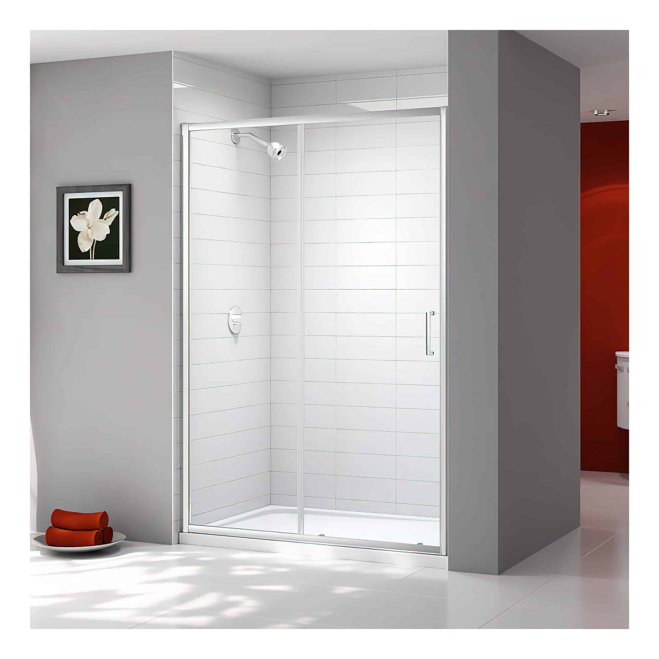 Shower enclosure with a clear glass door, modern bathroom design, white tiled walls, grey walls, minimalist style, ideal for contemporary bathrooms, stylish shower area.
