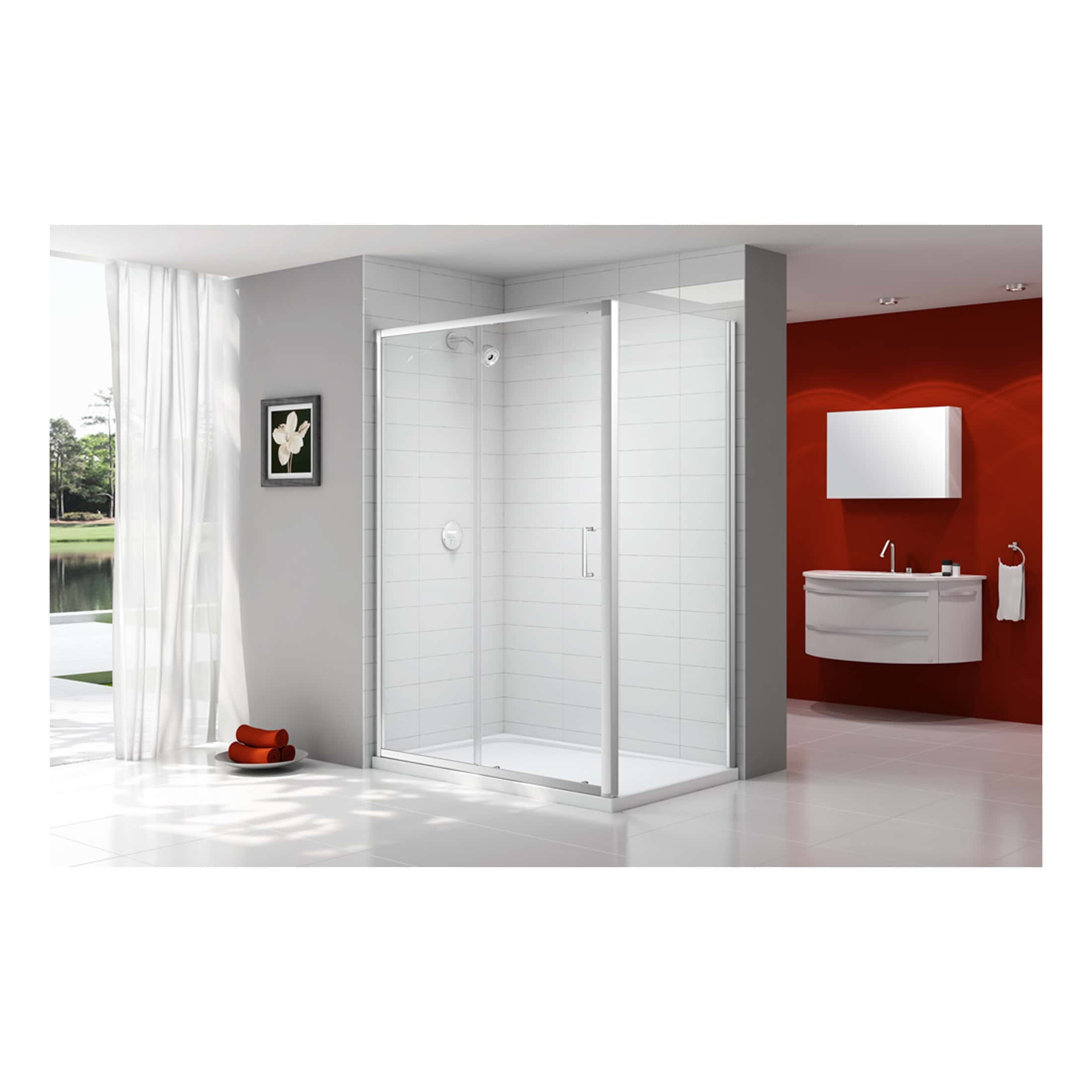 Bright modern bathroom with a sleek white walk-in shower enclosure, minimalist vanity unit with mirror, and stylish red accent wall. Features include a large window with white curtains, adding natural light.