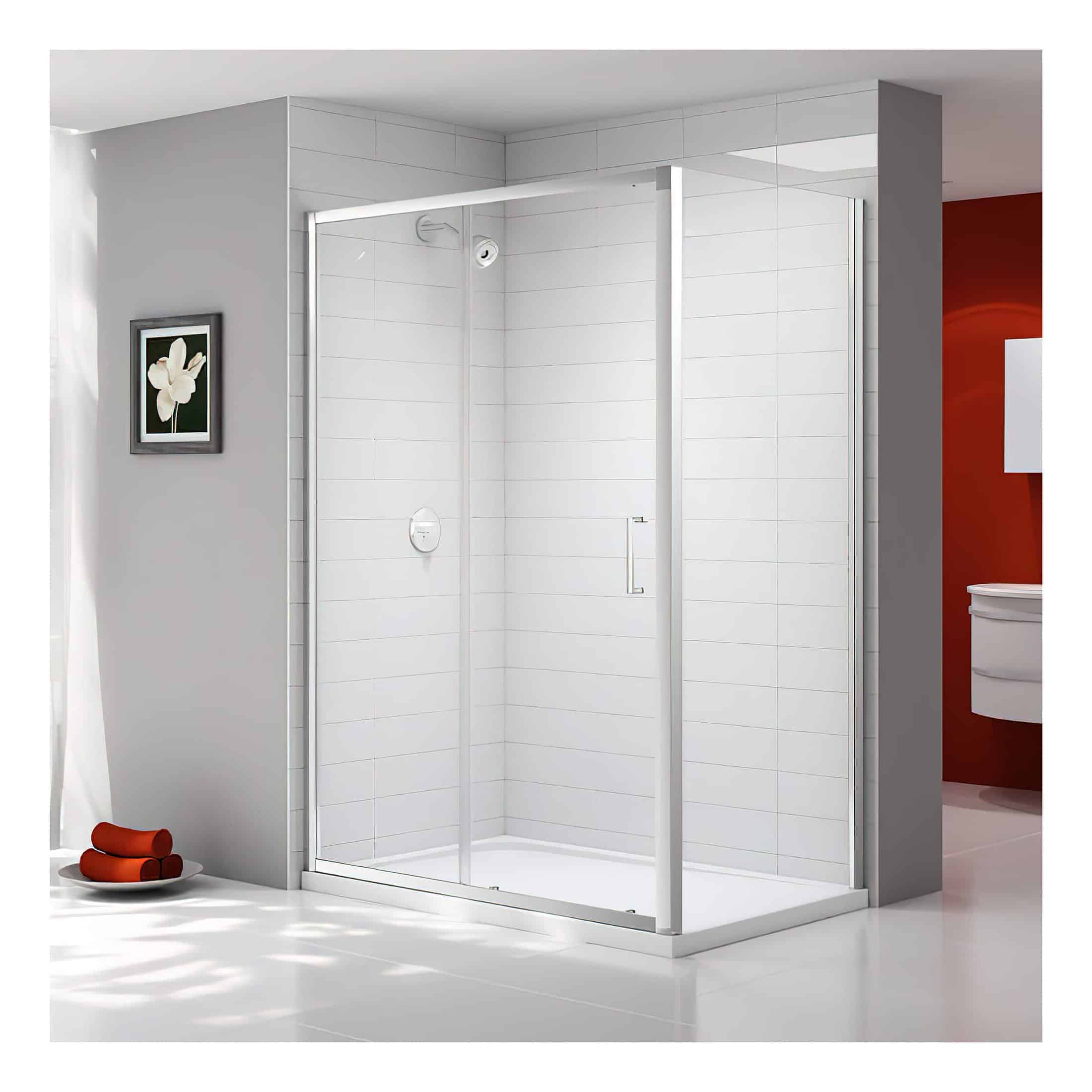 Modern white corner shower enclosure with framed sliding doors for stylish bathroom shower design. Perfect for space-efficient and contemporary bathroom upgrades.