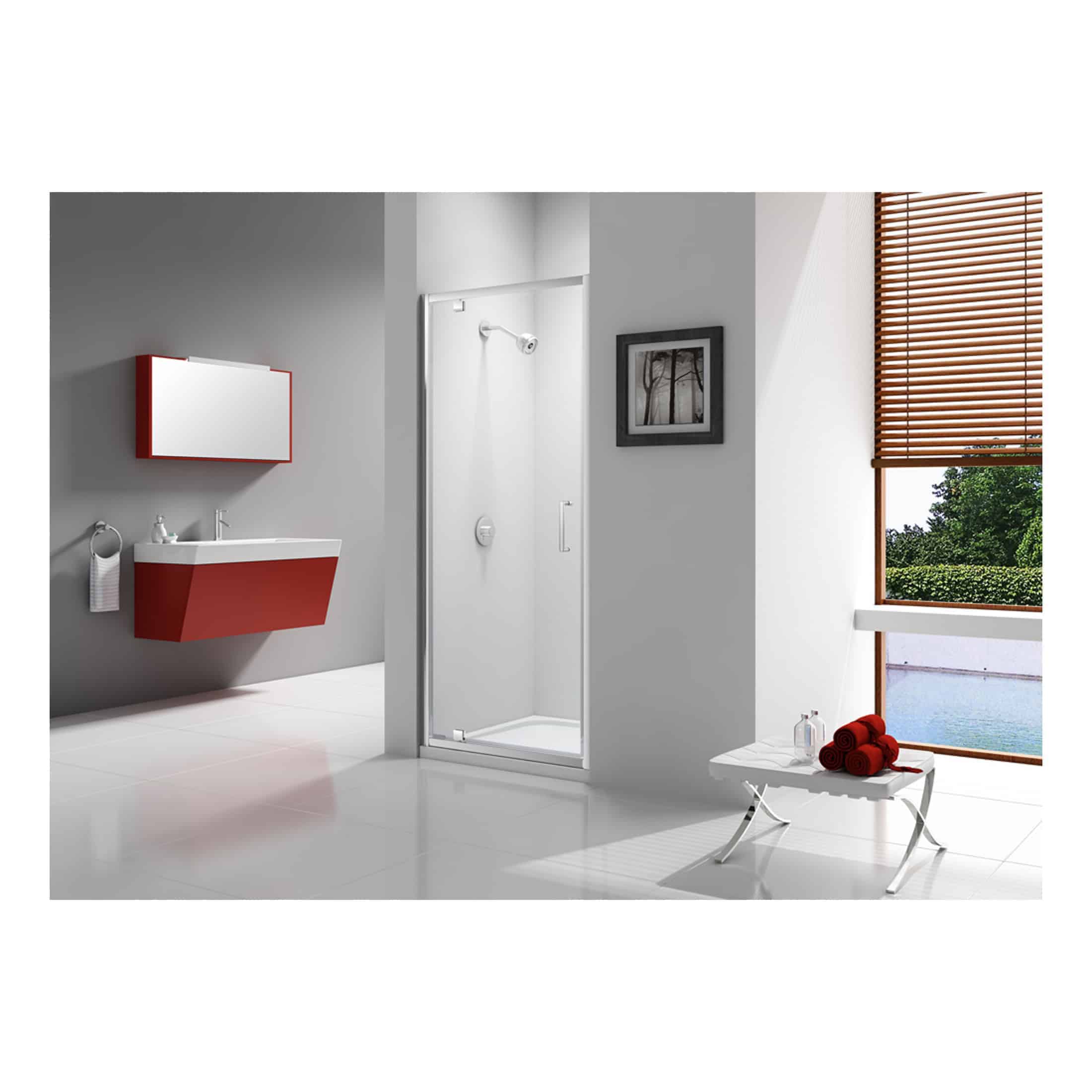 Modern bathroom interior with walk-in shower, wall-mounted sink with mirror, red accents, and large window overlooking a garden, designed for style and functionality, part of Bubly Bathrooms collection.