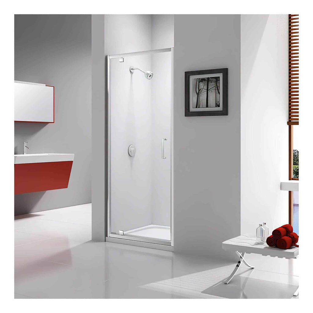 Modern walk-in shower with glass enclosure and sleek fixtures in a contemporary bathroom setting. Perfect for stylish and accessible bathroom designs.