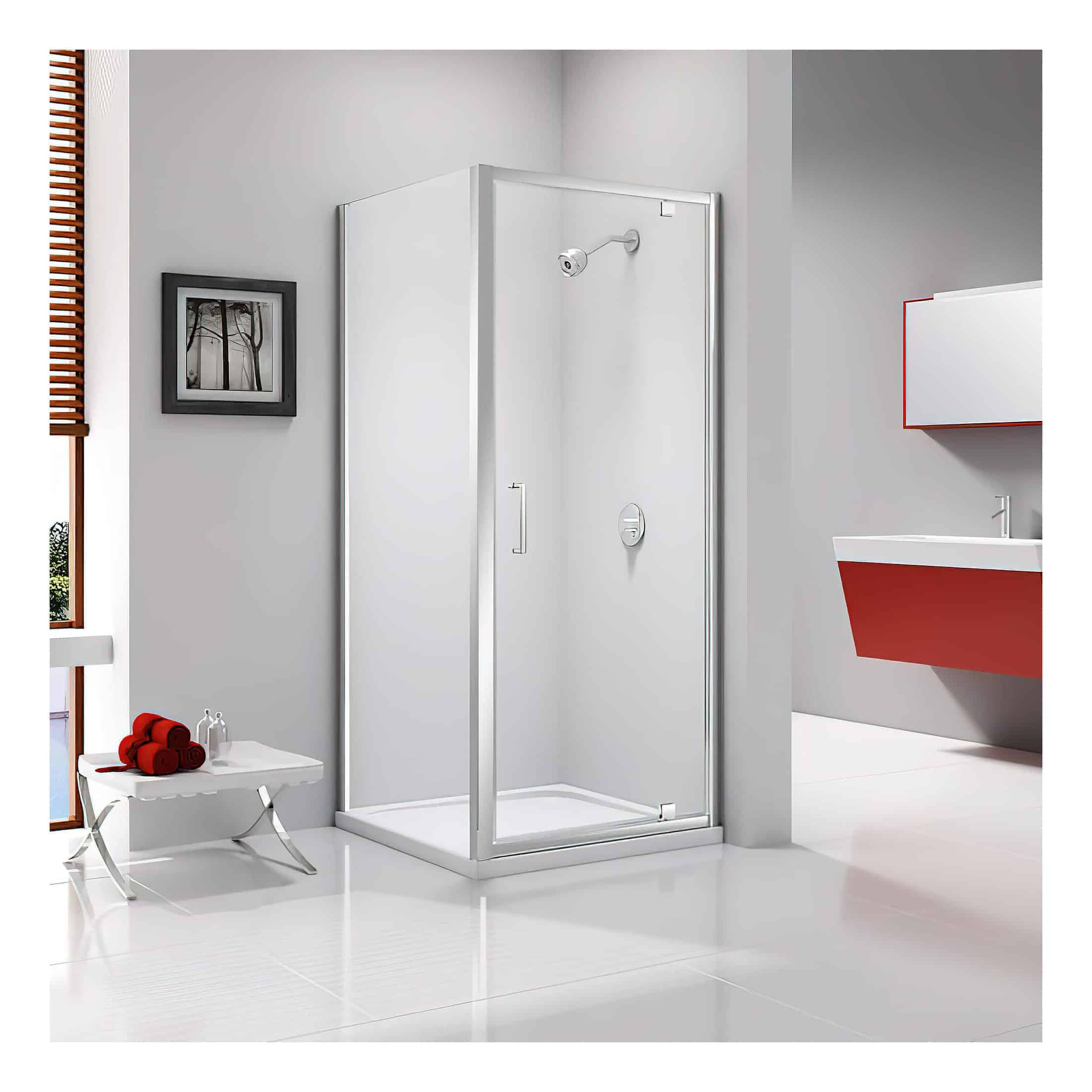 Modern walk-in shower enclosure with clear glass and sleek silver frame, ideal for contemporary bathrooms.
