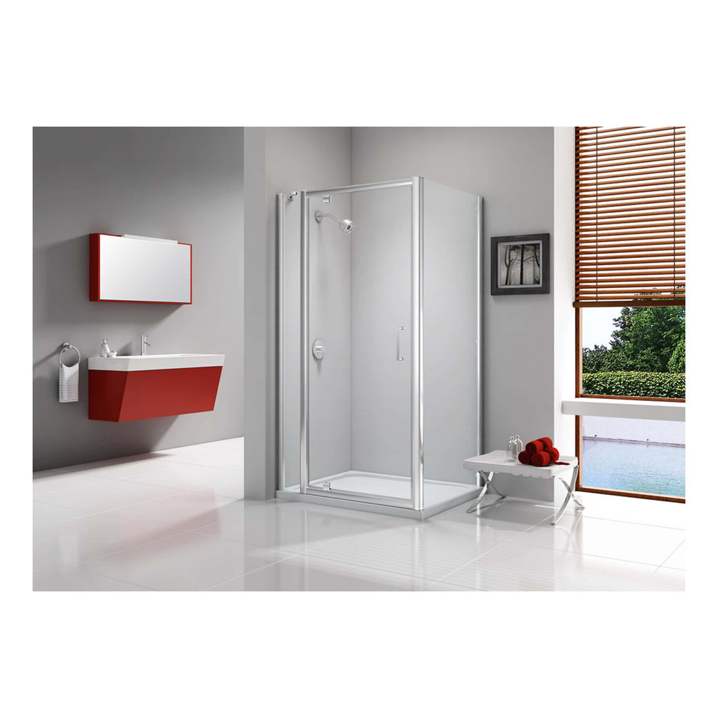 Shower enclosure with transparent glass doors in a modern bathroom featuring sleek fixtures and a minimalist design. Ideal for contemporary bathroom renovation and space maximisation.