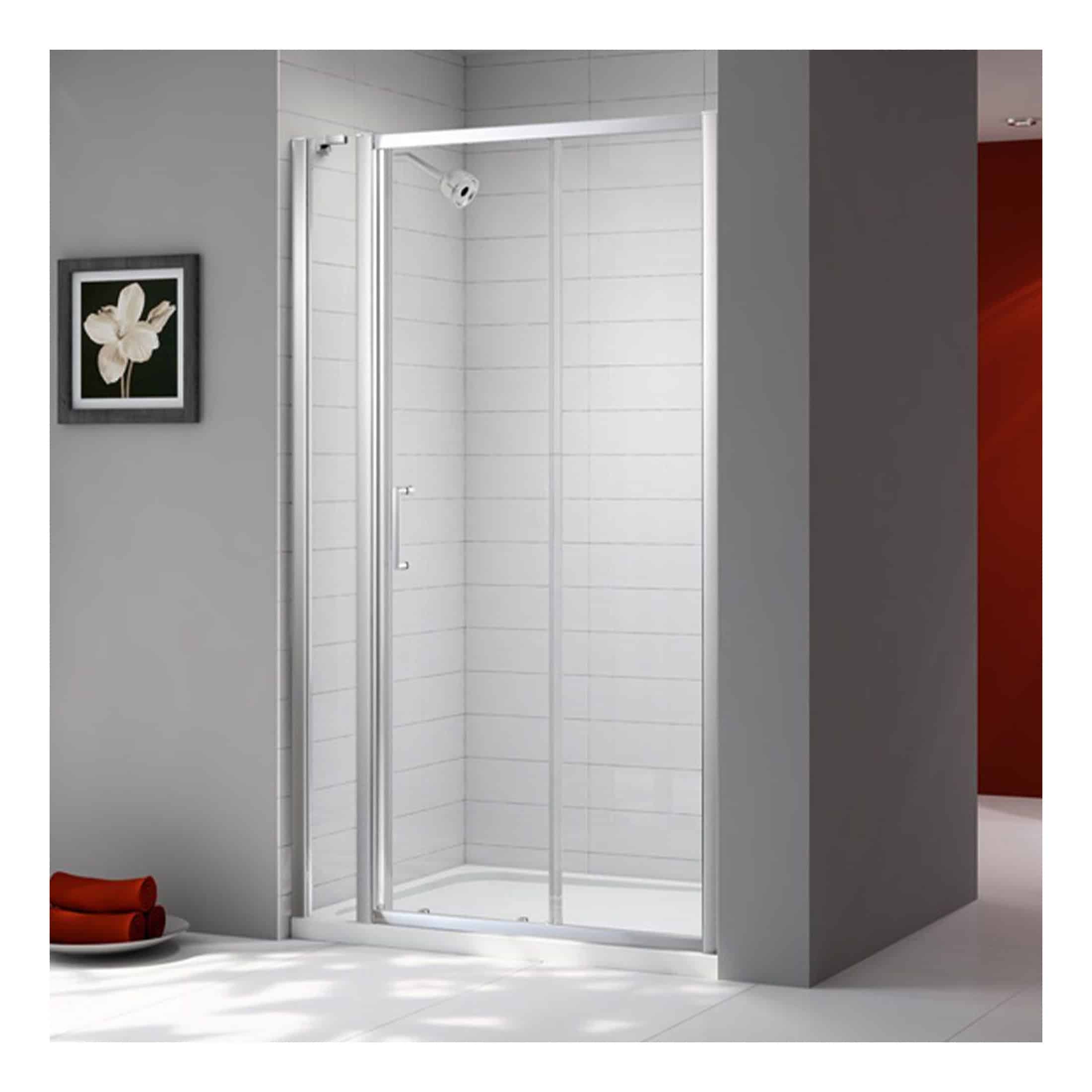 Doorless shower enclosure with white tiled walls, modern aluminium frame, ideal for contemporary bathrooms.