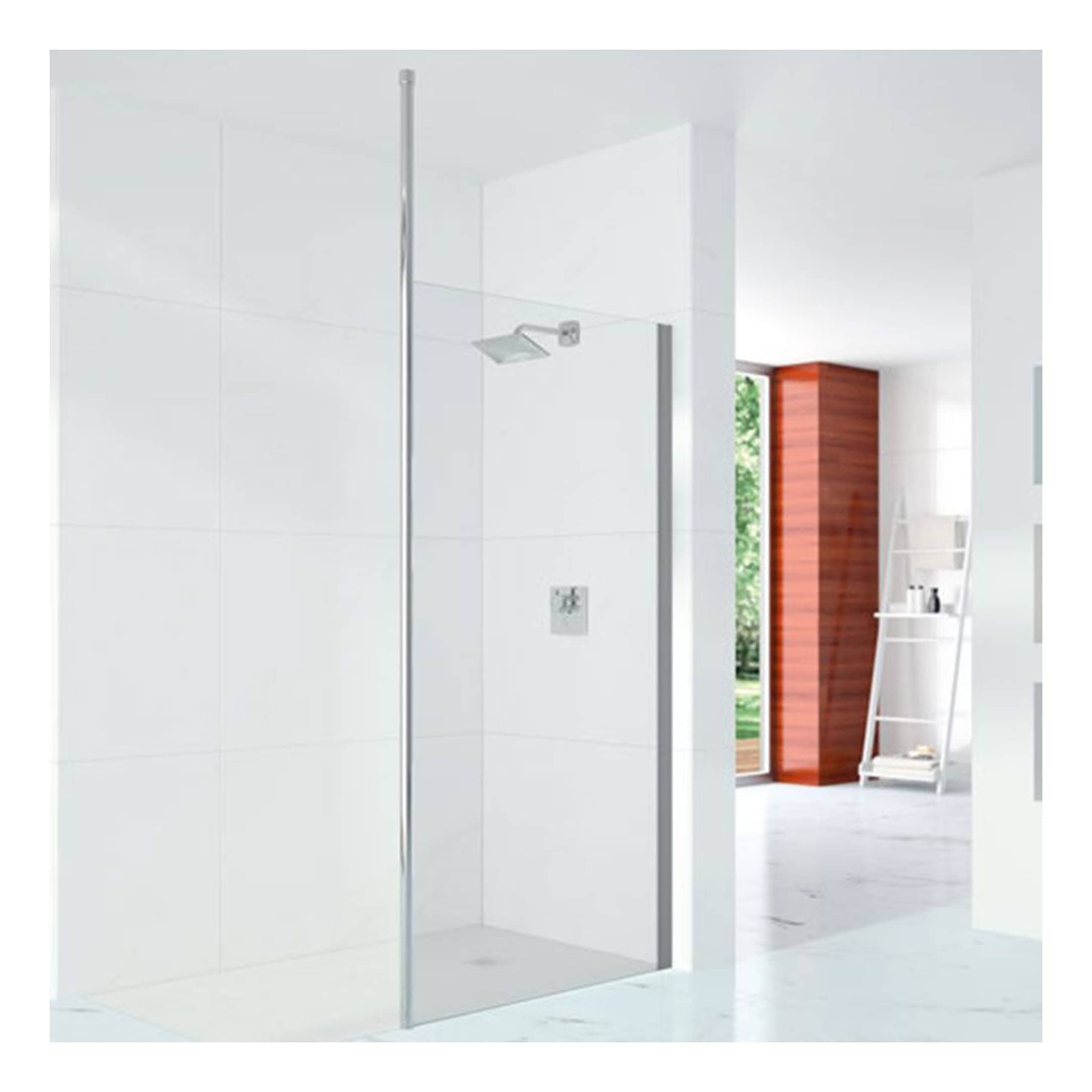 Minimalist glass shower enclosure with chrome fixtures in a contemporary bathroom setting.