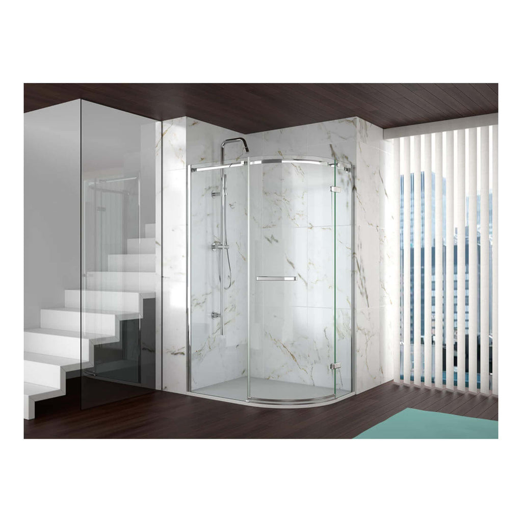 Seamless glass corner shower enclosure with chrome hardware, installed in a modern bathroom with white marble walls and dark wood flooring, ideal for contemporary bathroom renovations.