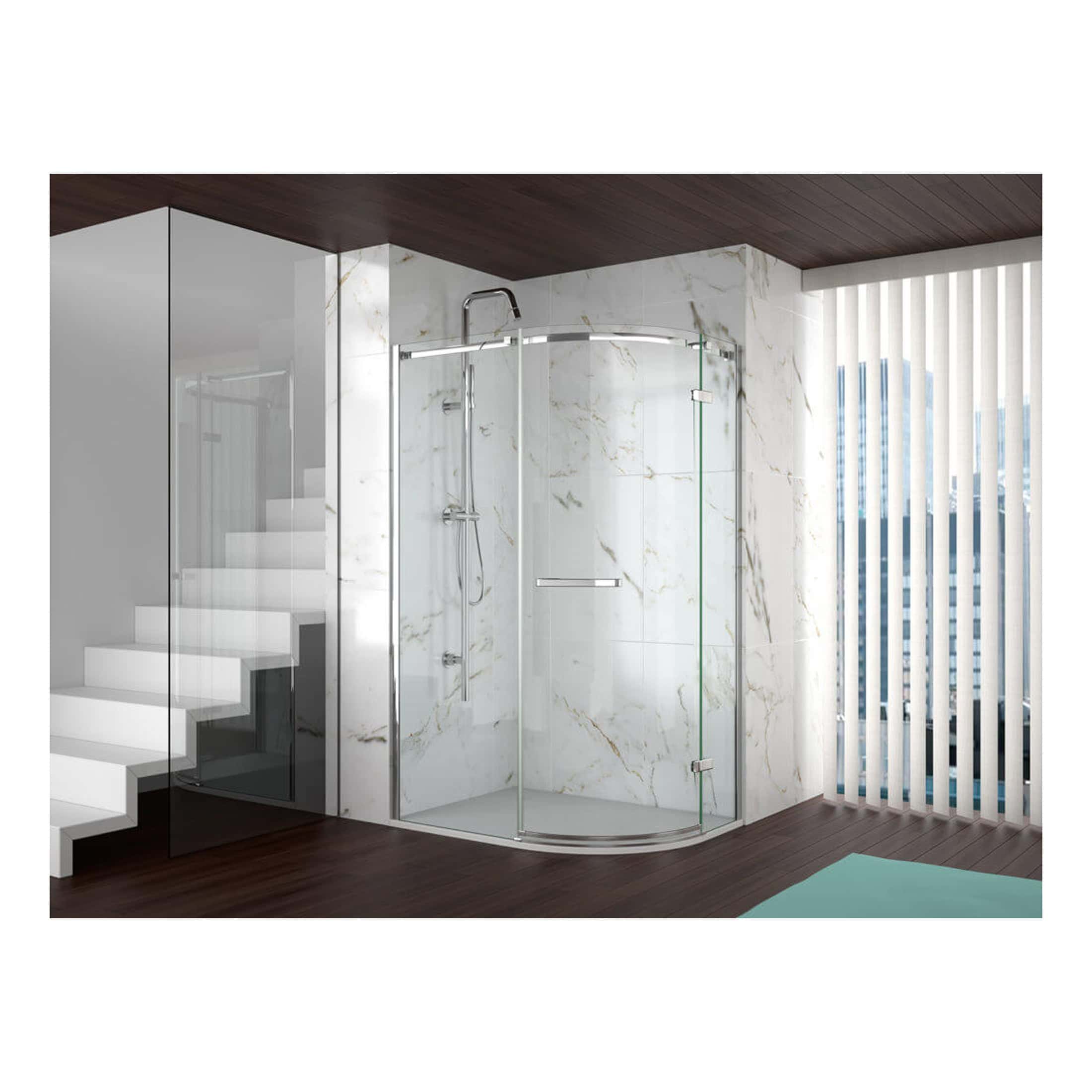 Seamless glass corner shower enclosure with chrome hardware, installed in a modern bathroom with white marble walls and dark wood flooring, ideal for contemporary bathroom renovations.