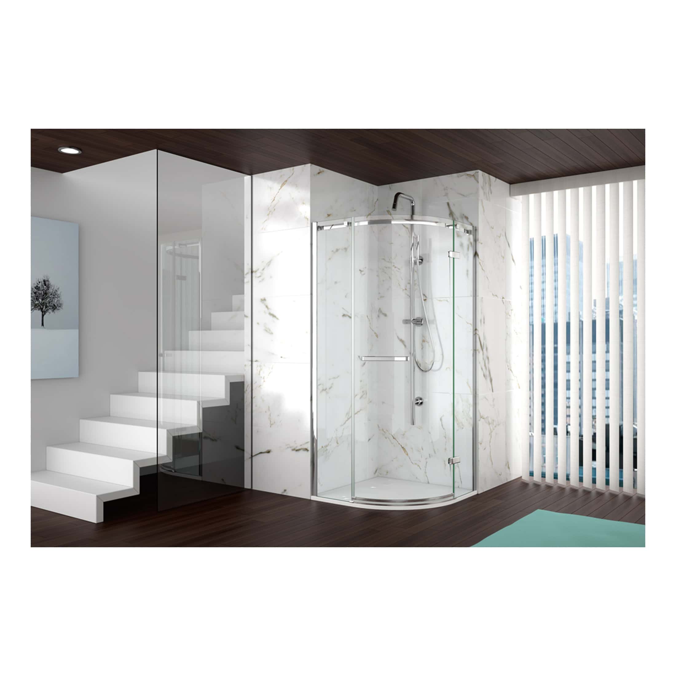 Luxurious corner walk-in shower with clear glass enclosure, modern chrome fixtures, and marble tiled walls in a sleek, contemporary bathroom. Perfect for stylish bathroom renovations and high-end bathroom design.