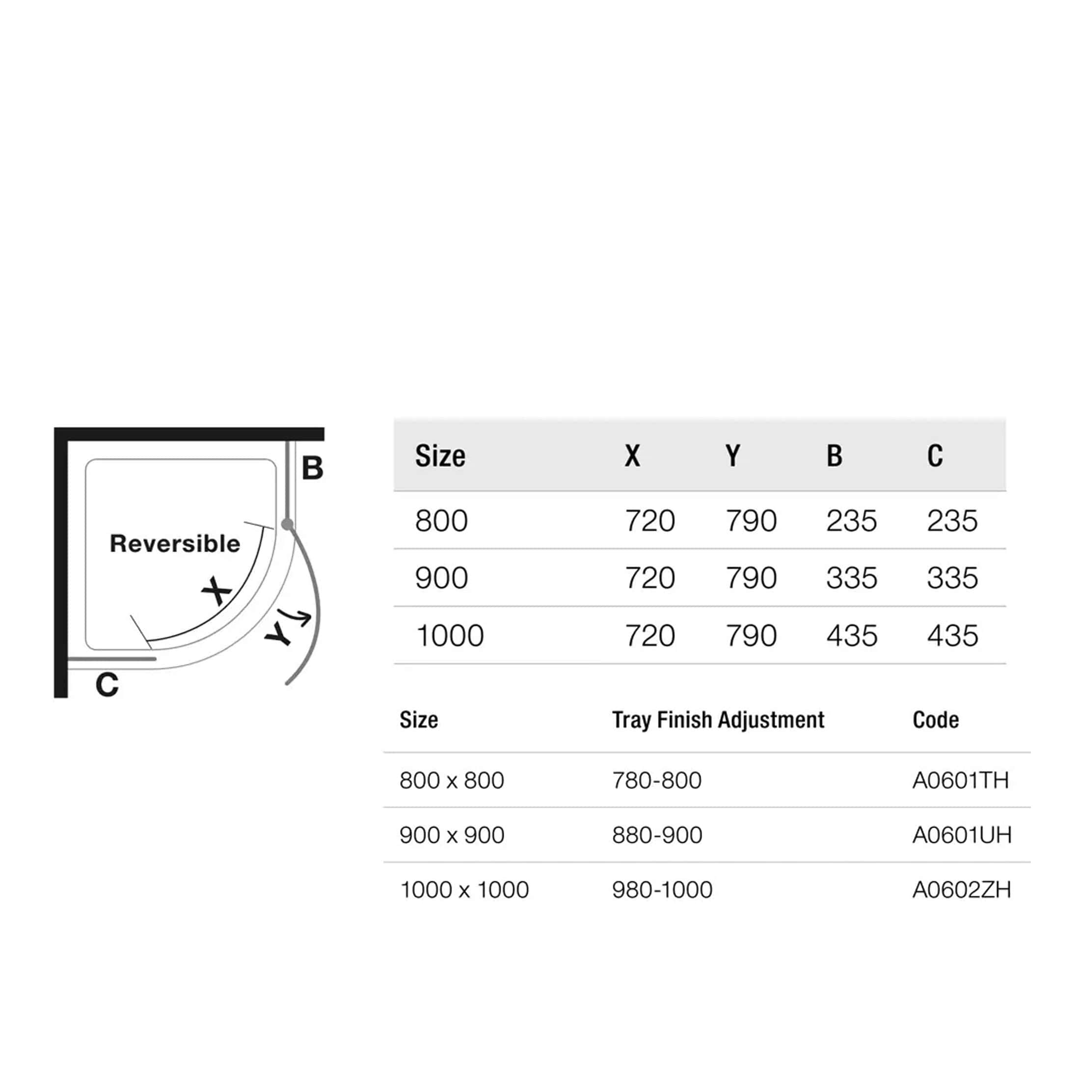 Reversible shower tray dimensions with size options 800, 900, and 1000mm; includes tray finish adjustment details and code references for versatile bathroom installation.