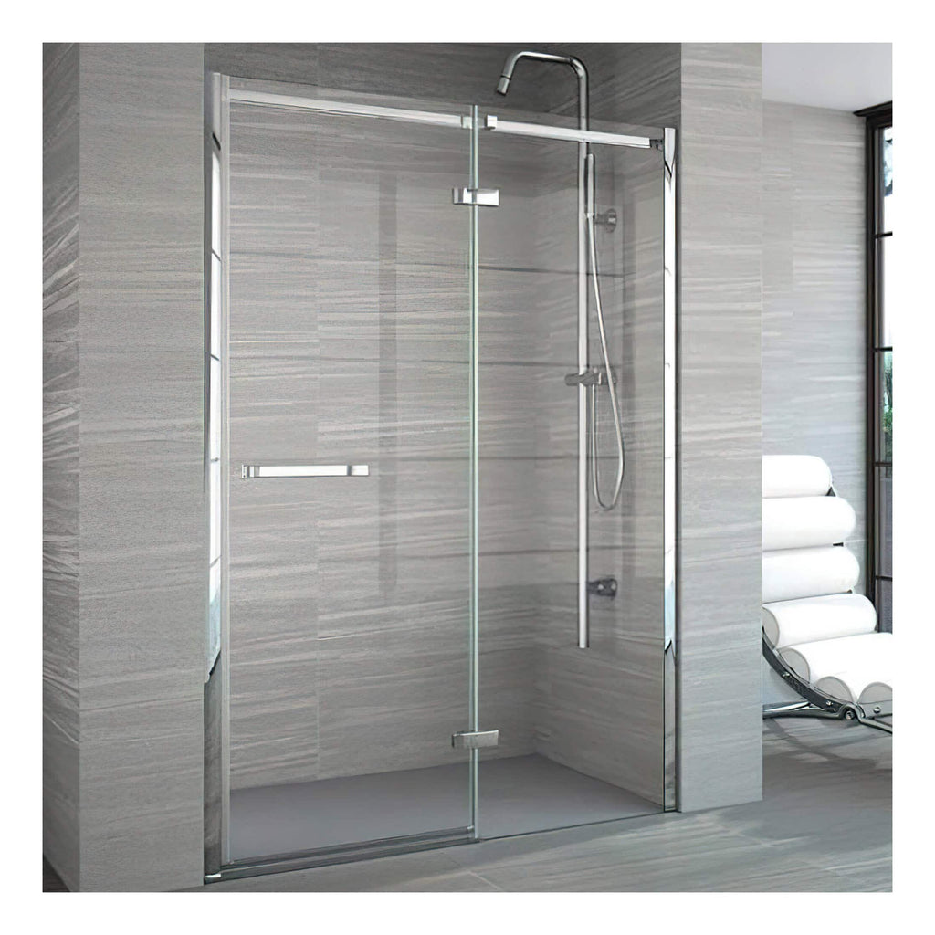 Modern glass shower enclosure with chrome fixtures in a contemporary bathroom setting.