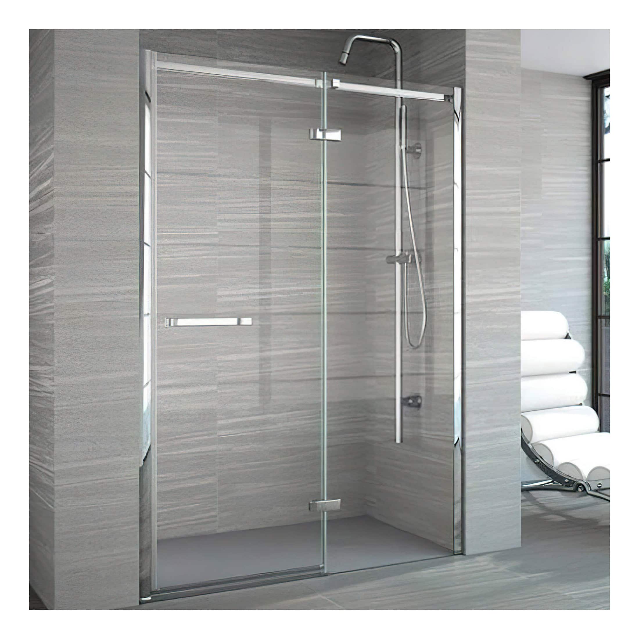 Modern glass shower enclosure with chrome fixtures in a contemporary bathroom setting.