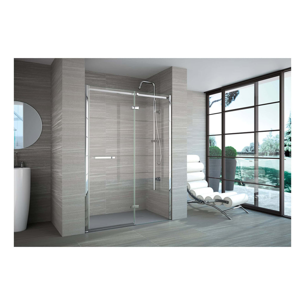 Modern glass shower enclosure in sleek bathroom with grey tiled walls and large windows, ideal for contemporary bathroom design and luxury home renovation.