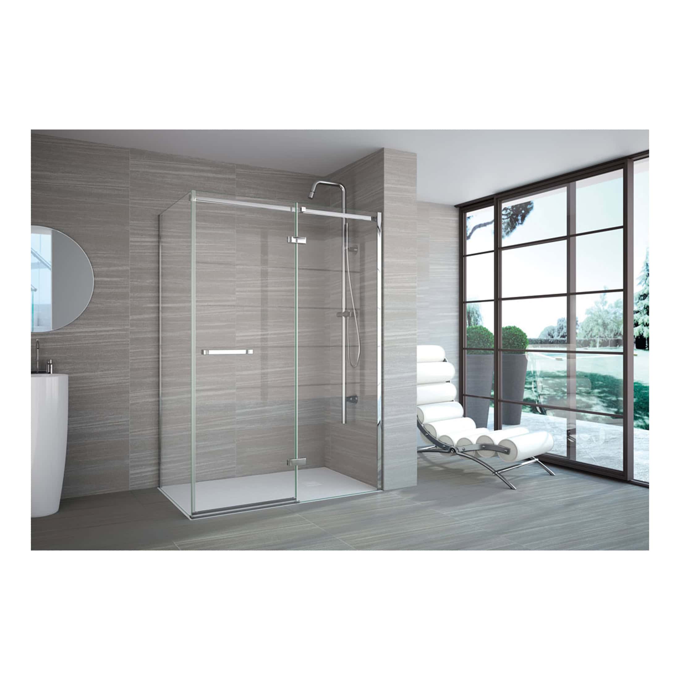 Contemporary walk-in shower with glass enclosure, located in a modern bathroom with large windows and scenic outdoor view, perfect for luxury bathroom renovation and design.