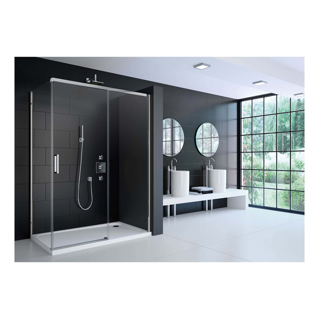 Sleek modern bathroom with a spacious black shower enclosure, double white washbasins with circular mirrors, minimalist design, and large windows offering natural light and a view of greenery.