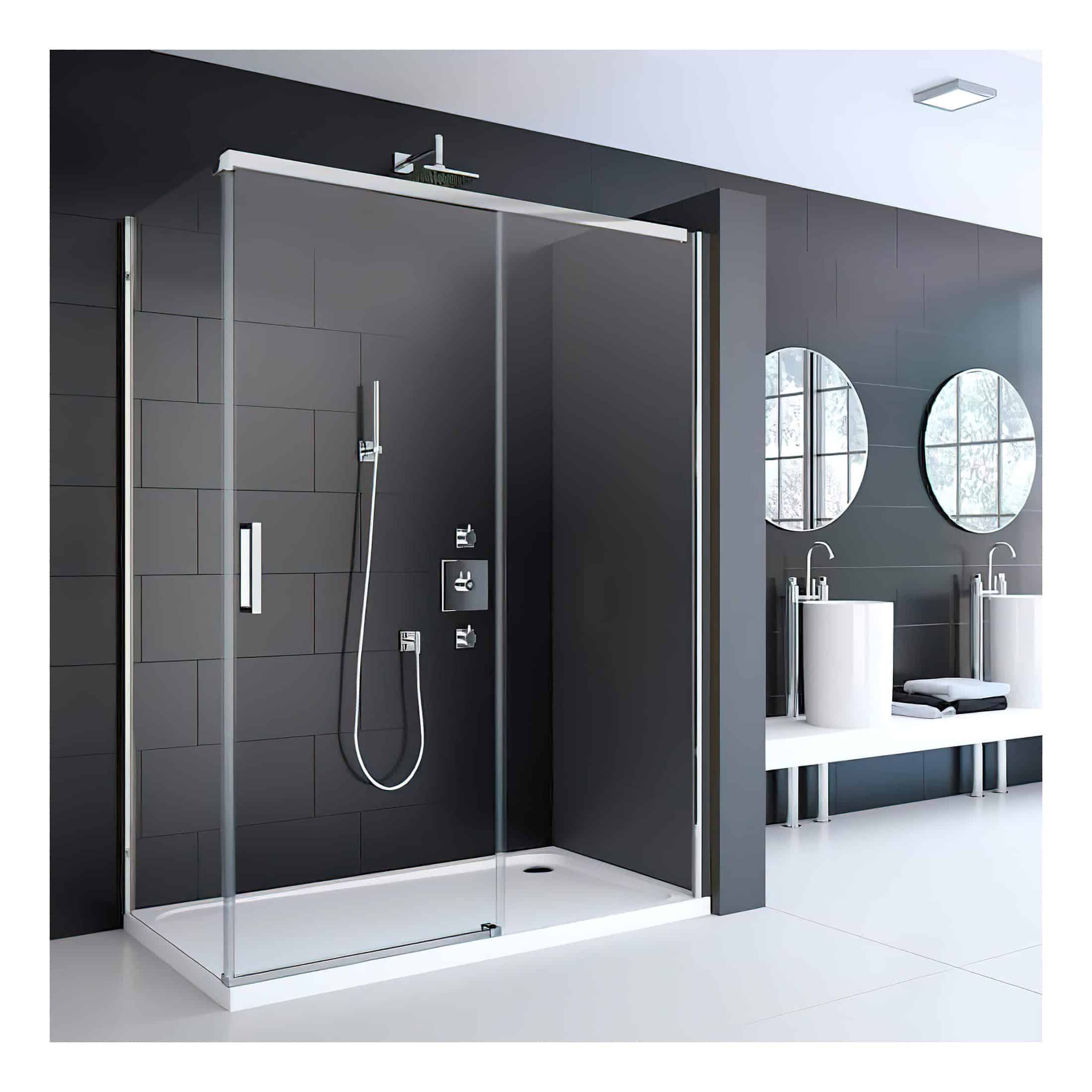 Modern walk-in shower enclosure with black tile walls, chrome fixtures, and glass door in contemporary bathroom setting.