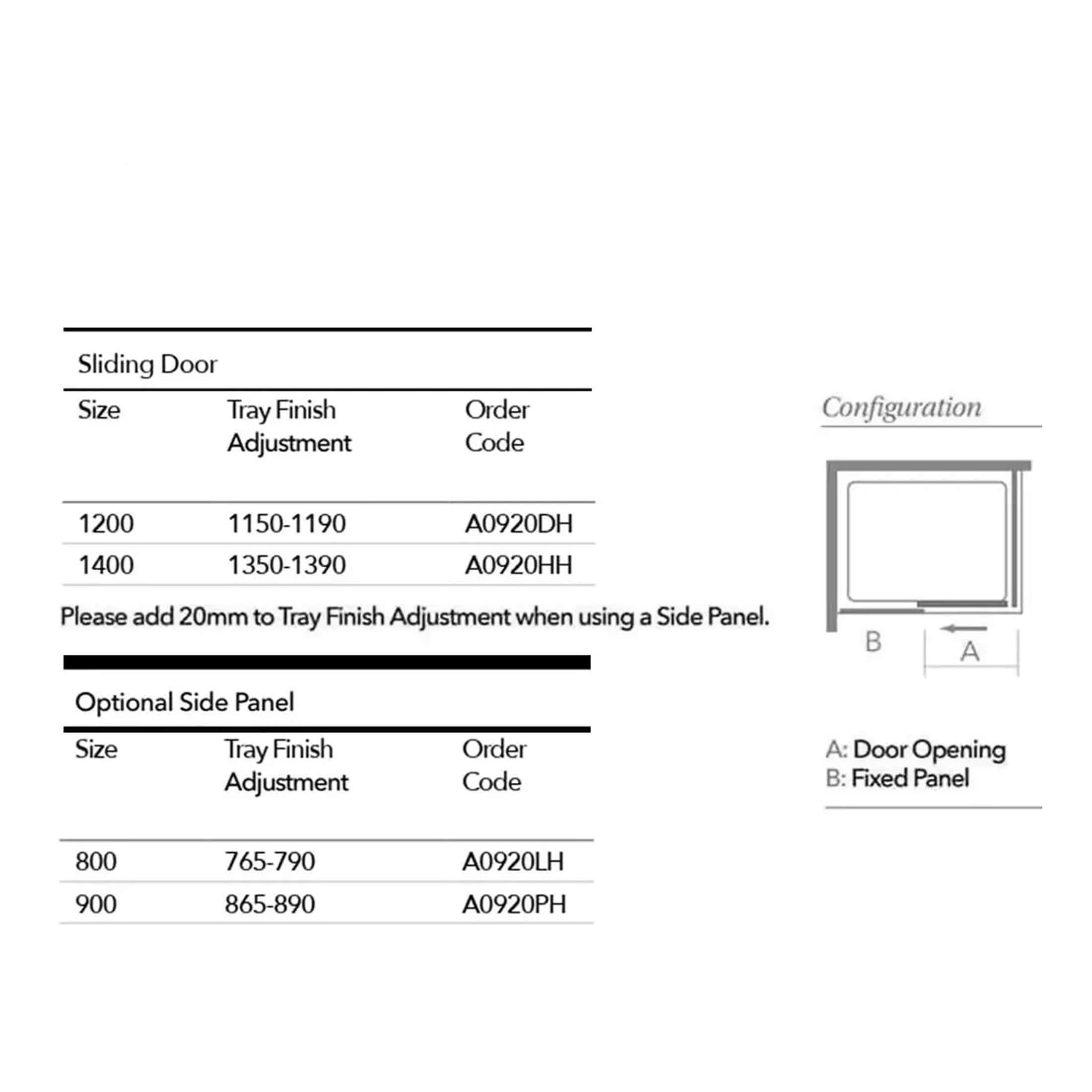 High-quality bathroom sliding door installation guide, showcasing tray finish options, sizes, and configuration details for bespoke bathroom cabinetry by Bubly Bathrooms in the UK.