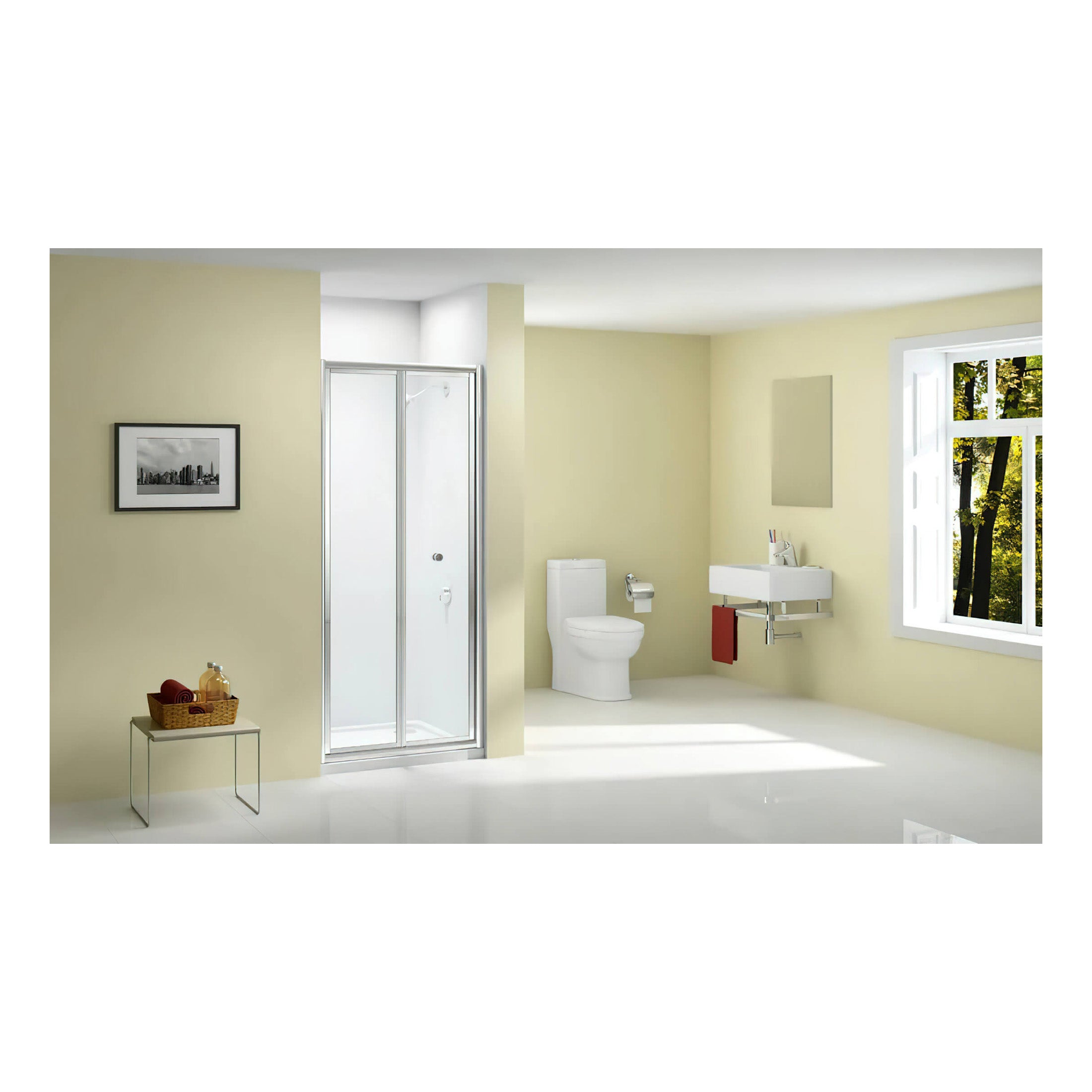 Bright modern bathroom featuring a white toilet, sleek sink, glass shower enclosure, large window with scenic views, and minimalist decor for a relaxing and functional space.