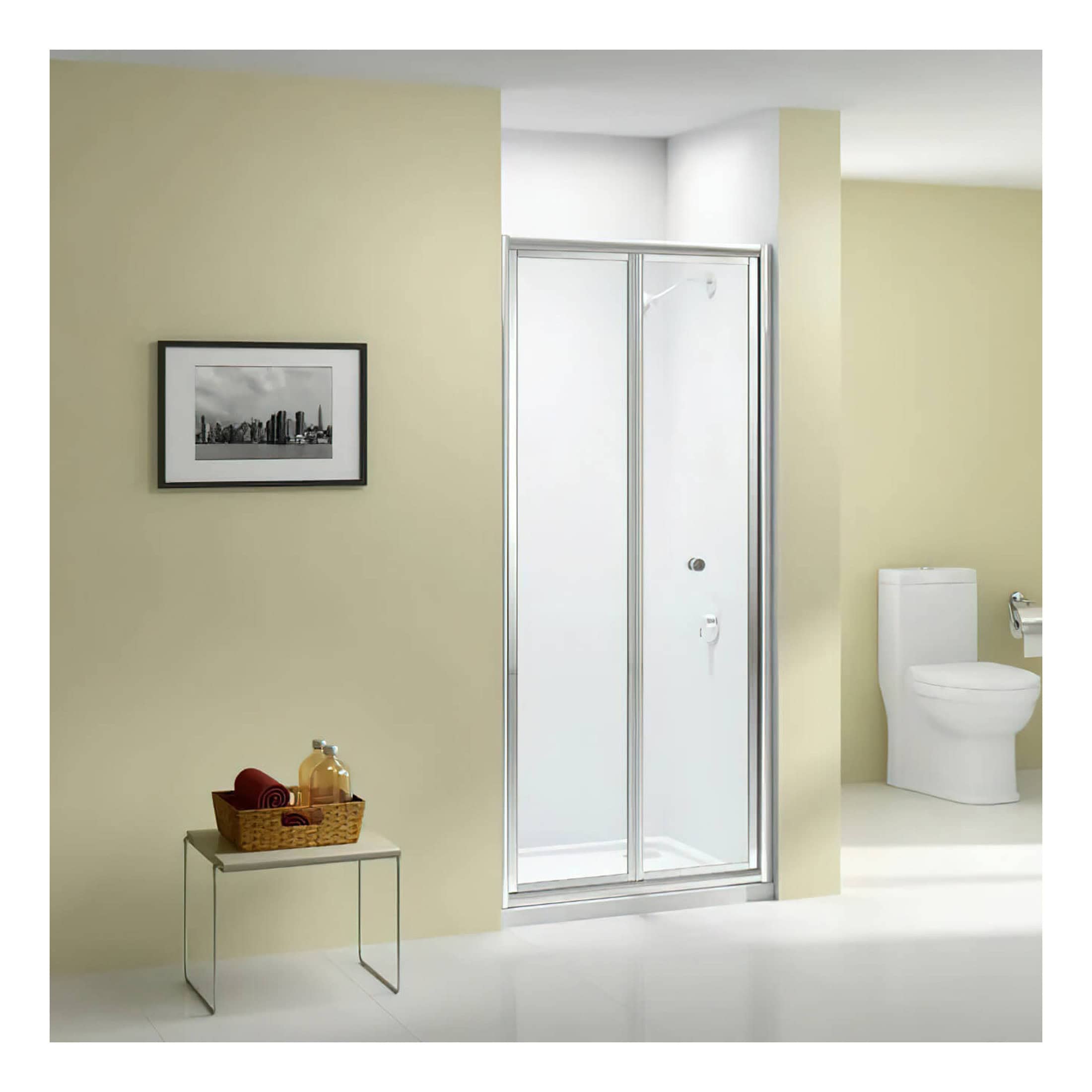 Bright modern bathroom featuring a walk-in shower with glass doors and a white toilet, set against soft yellow walls and contemporary decor for a stylish and functional space.