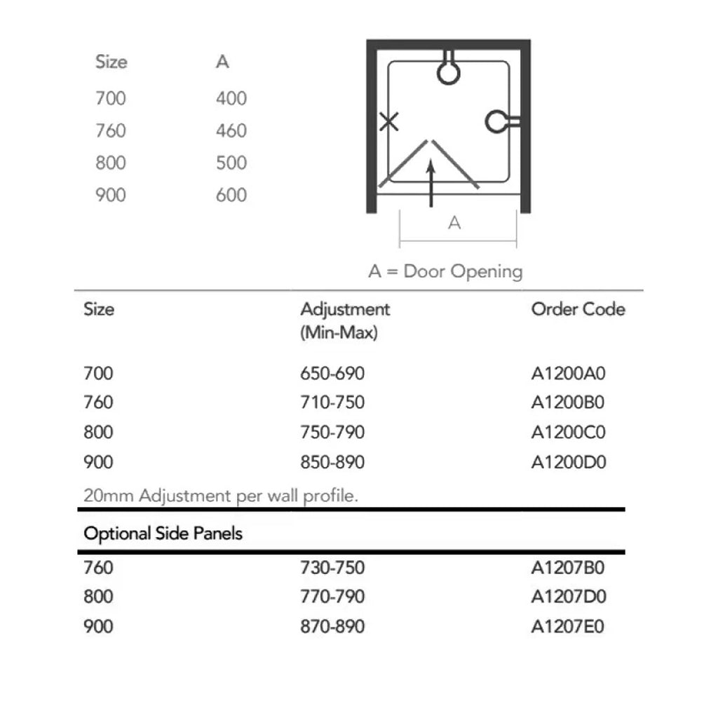 Door opening shower tray dimensions and adjustable size options for fitting various bathroom spaces.