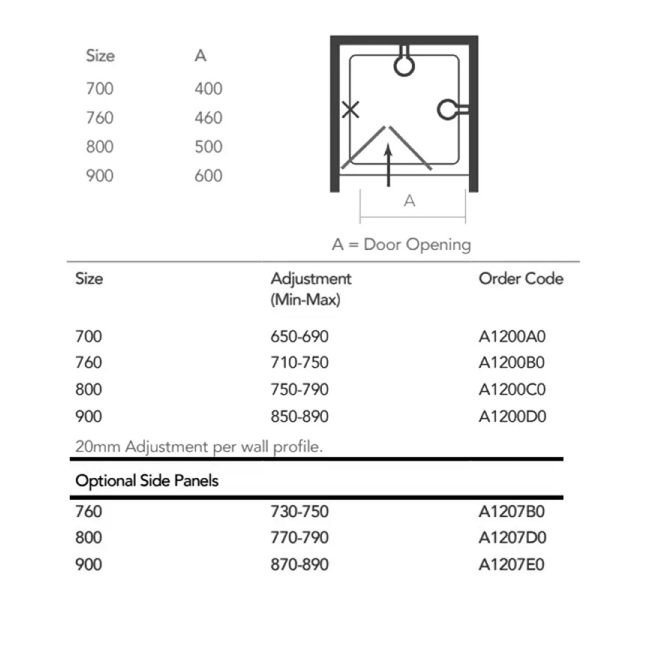 Door opening shower tray dimensions and adjustable size options for fitting various bathroom spaces.