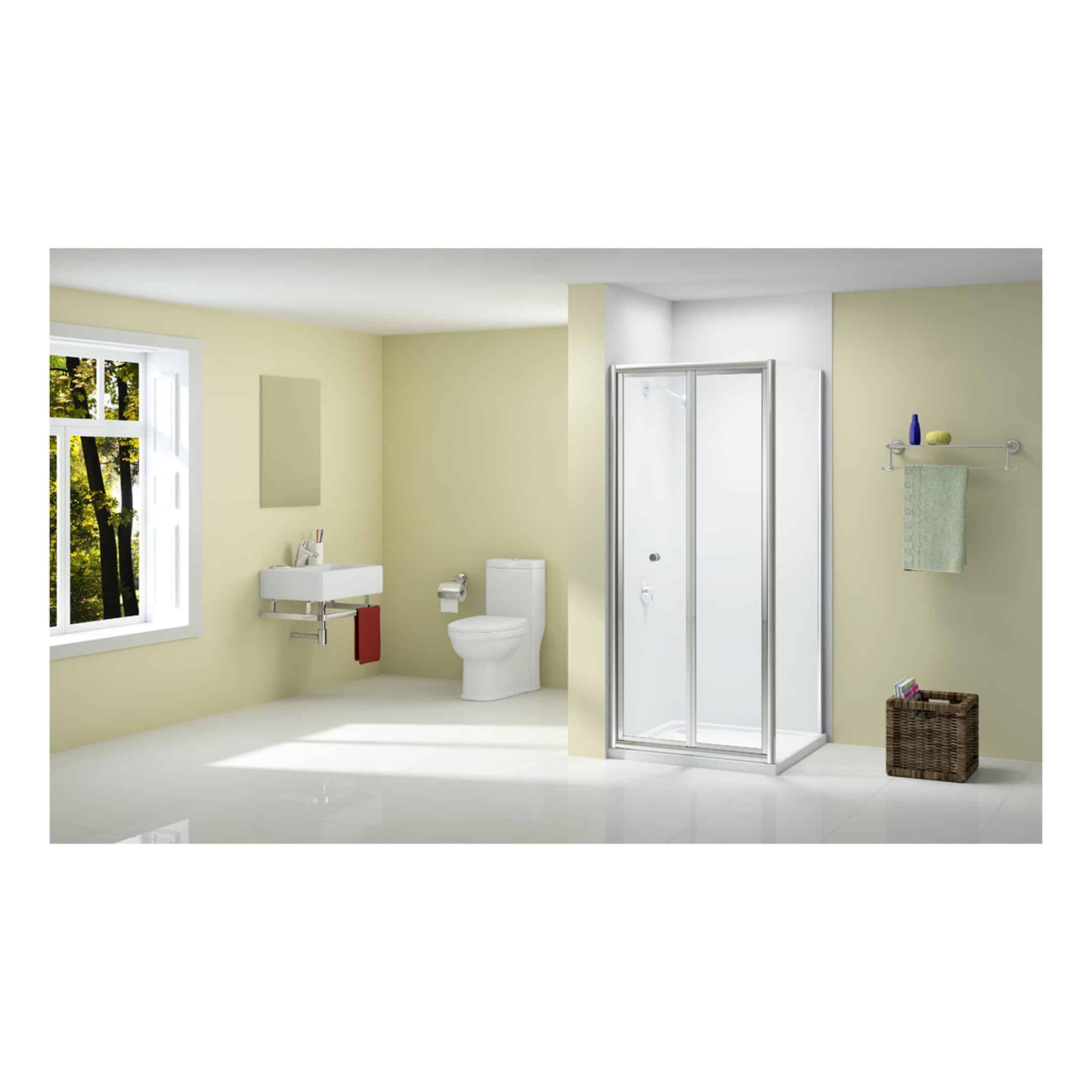 Shower enclosure with chrome frame and glass doors in a modern bathroom setting. Features a sleek design, perfect for contemporary bathrooms by Bubly Bathrooms.