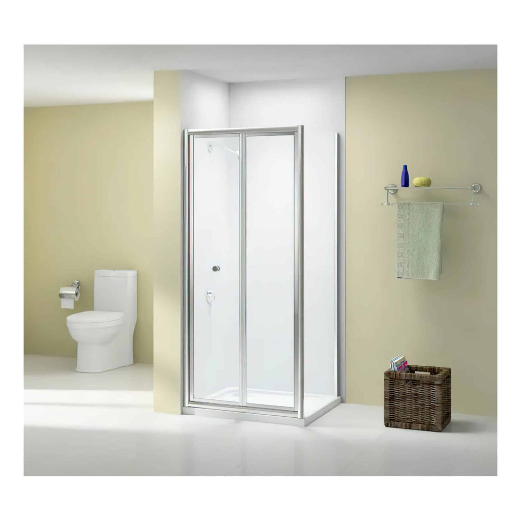 Modern walk-in shower with glass sliding doors in contemporary bathroom design.