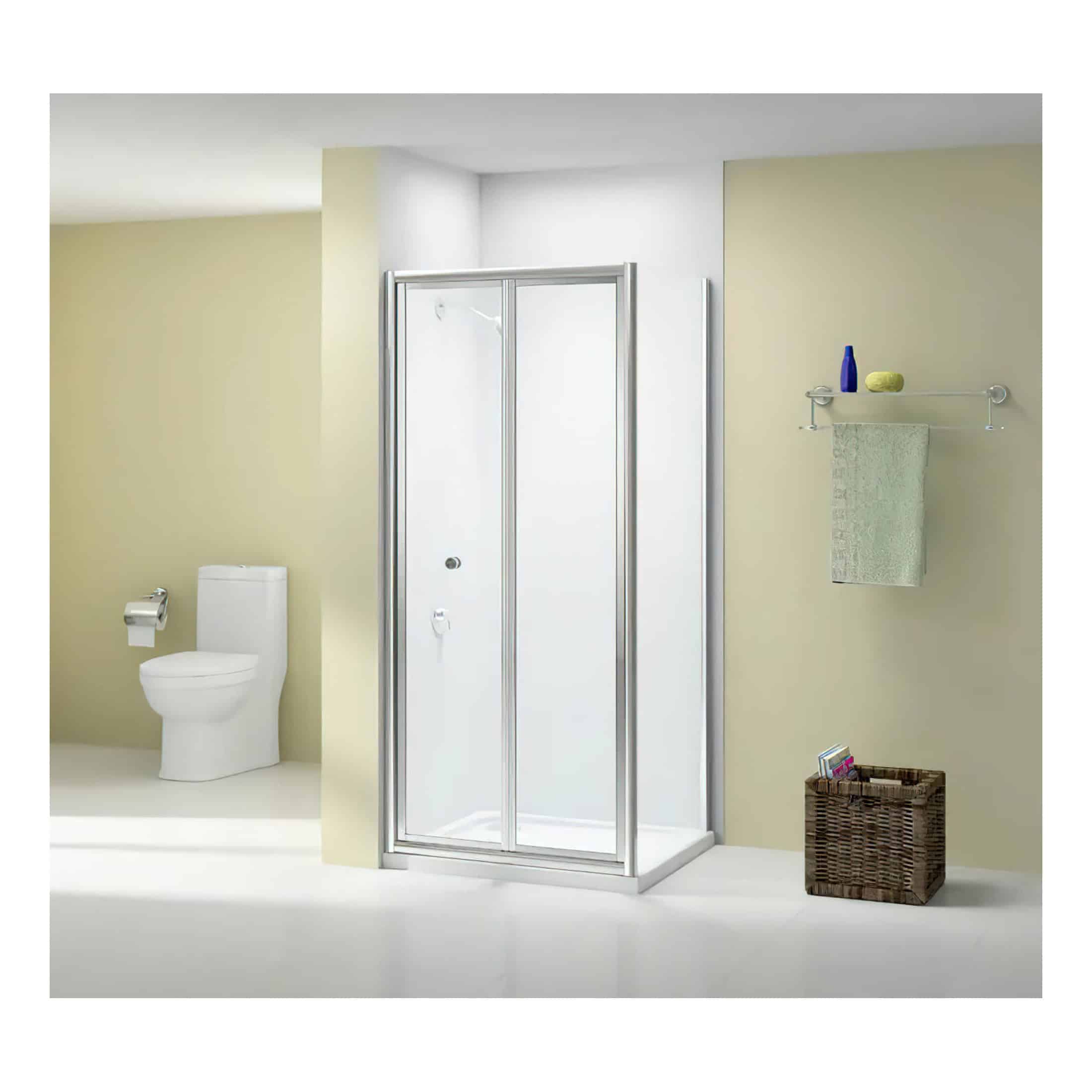 Modern walk-in shower with glass sliding doors in contemporary bathroom design.