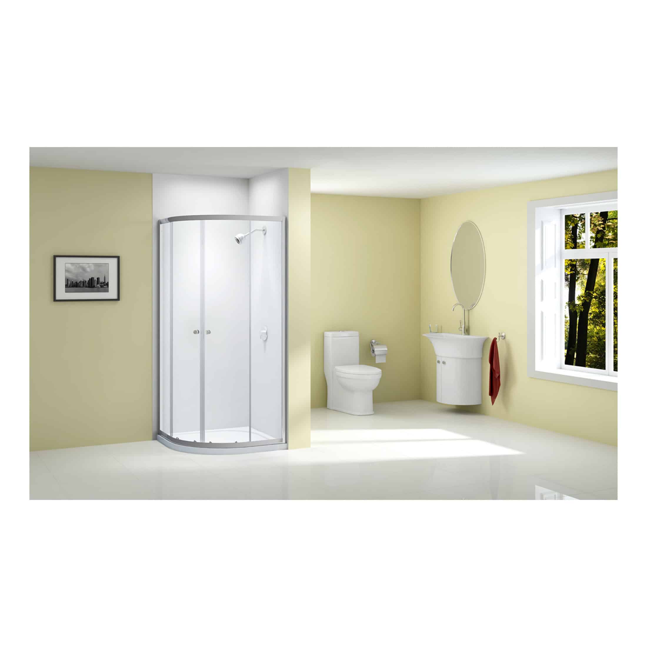 Shower enclosure and bathroom fixtures with modern design for Bubly Bathrooms UK, featuring a curved glass shower, toilet, sink, mirror, and a large window with natural light.