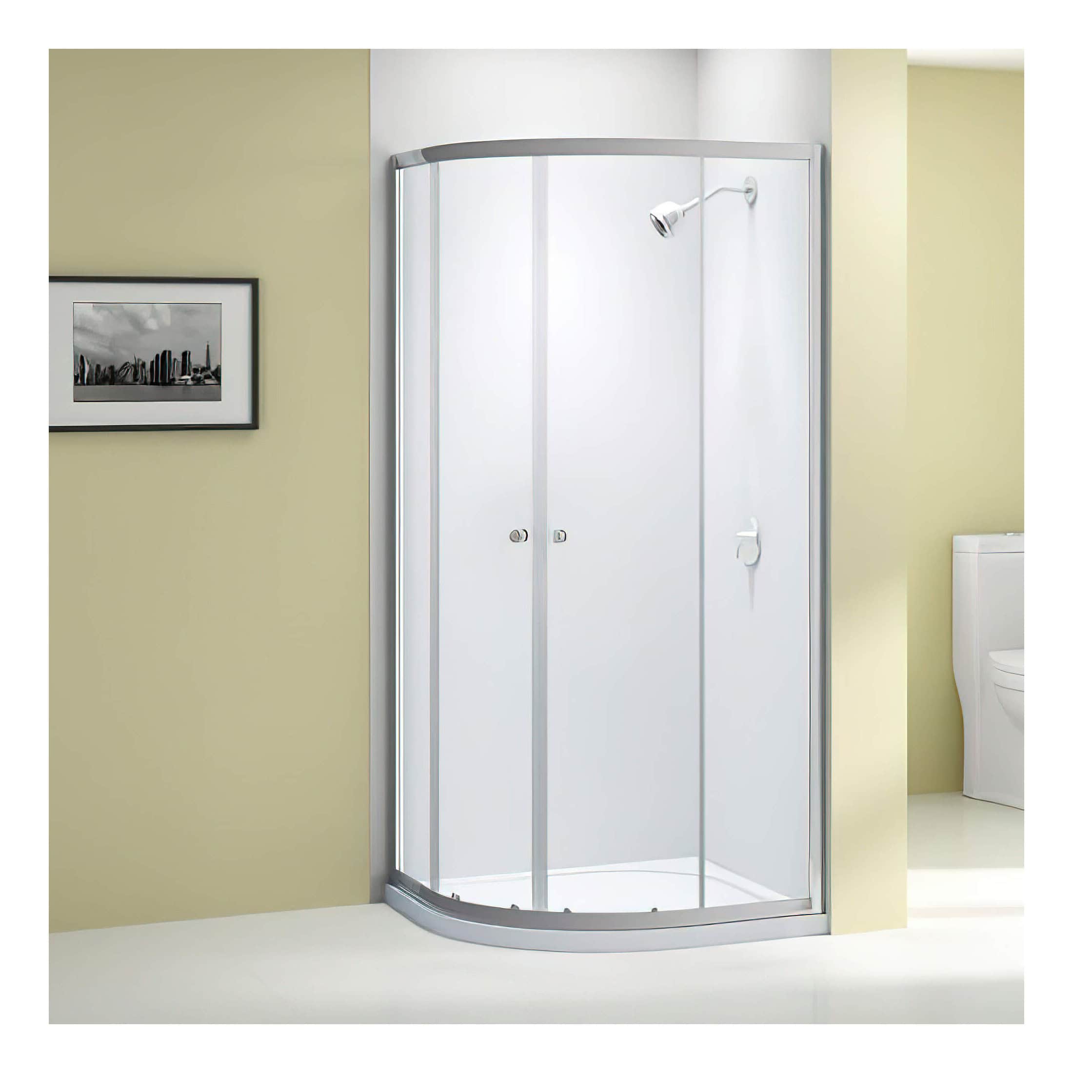 Shower enclosure with curved glass doors and modern silver frame, installed in contemporary bathroom setting with light yellow wall and minimalist design.