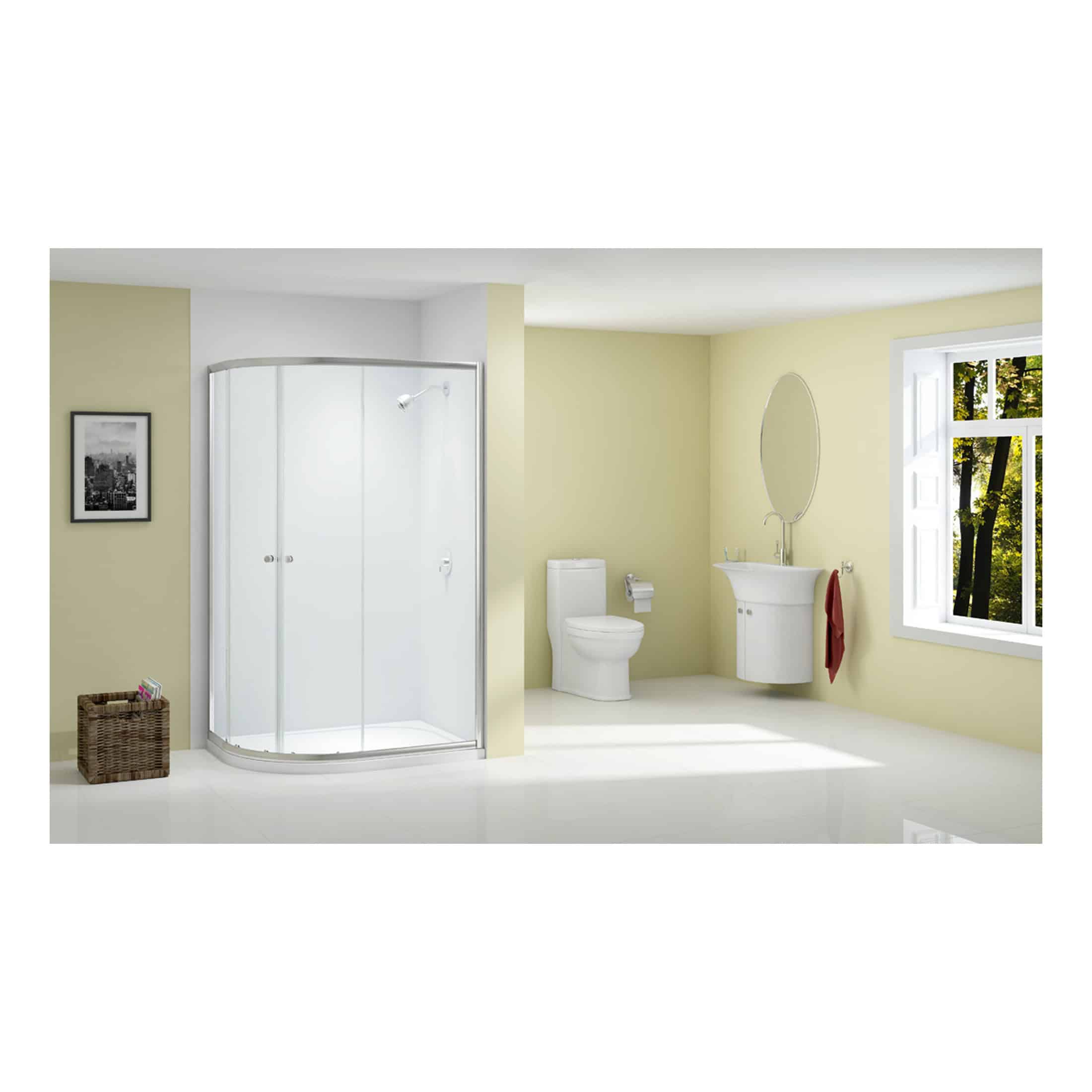 Modern bathroom featuring a walk-in shower, toilet, and stylish sink with an oval mirror, illuminated by natural light from a large window, perfect for contemporary bathroom designs.