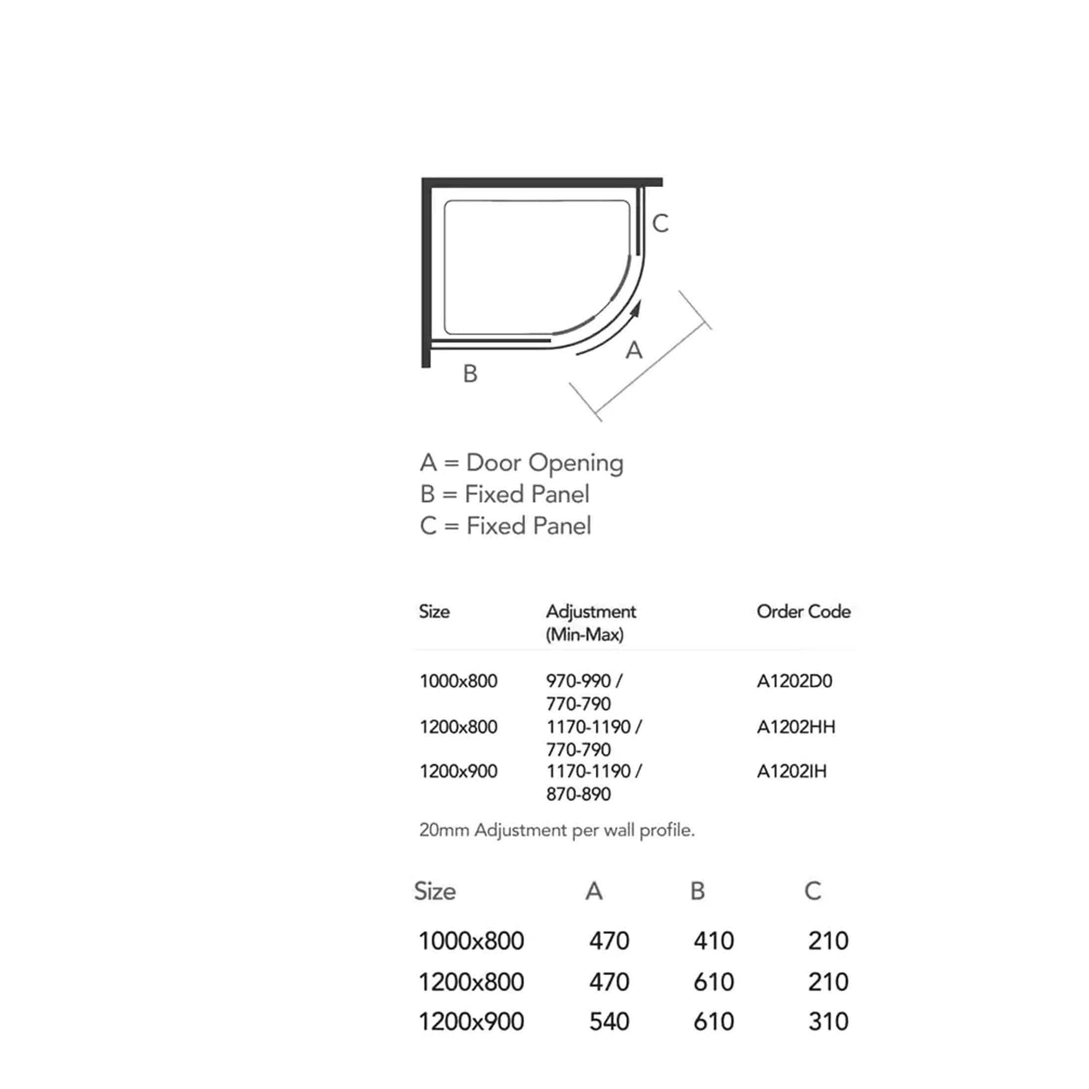 Rectangular shower enclosure diagram with door opening dimensions, fixed panels, and adjustable wall profiles for modern bathroom design.