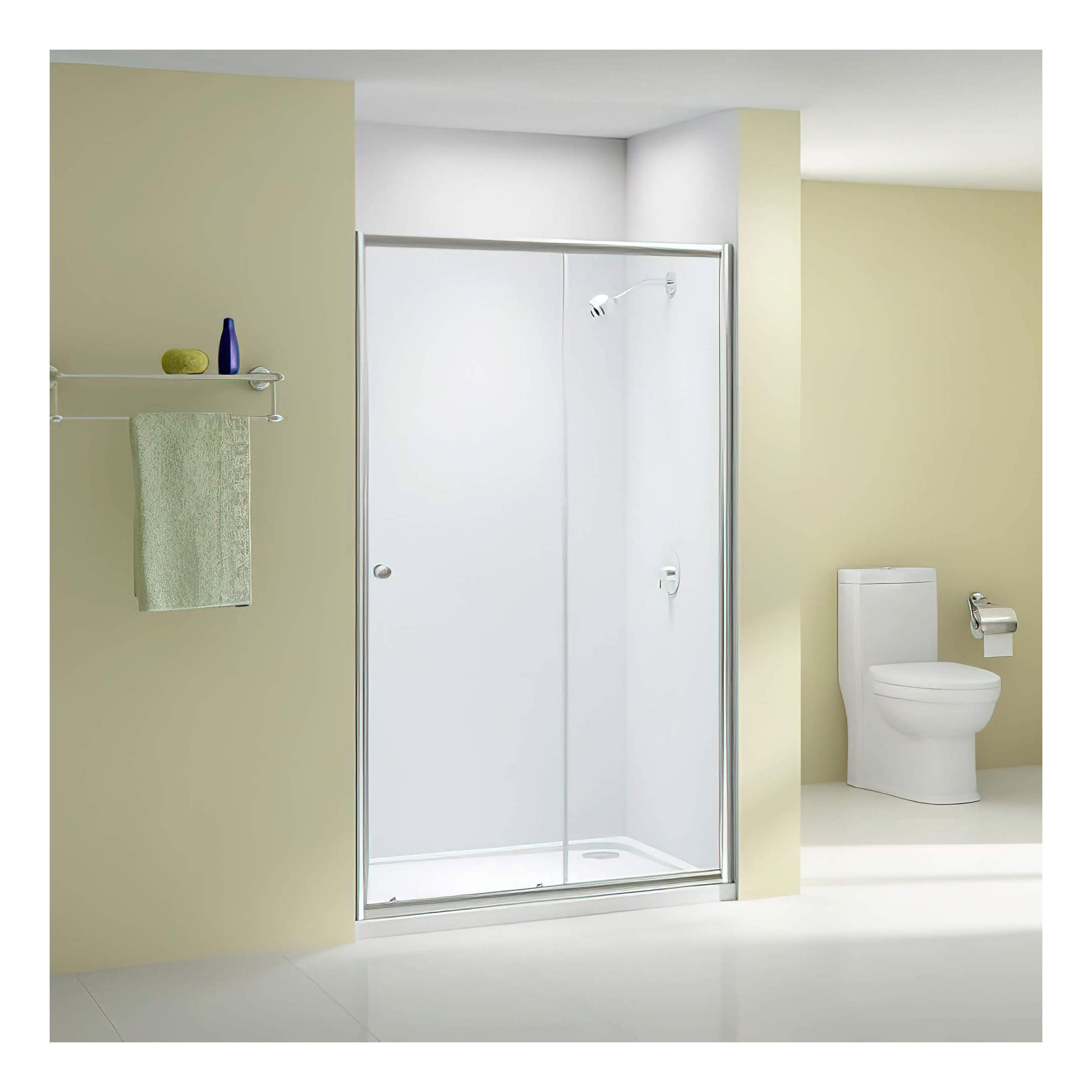Sleek white shower enclosure with glass sliding doors in modern bathroom.
