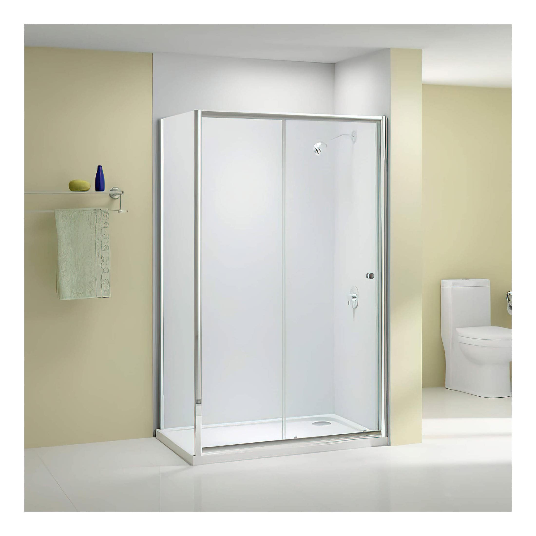 Modern rectangular shower enclosure with glass doors and chrome trim, set in a contemporary bathroom with neutral tones. Perfect for compact bathroom spaces, adding sleek style and functionality.